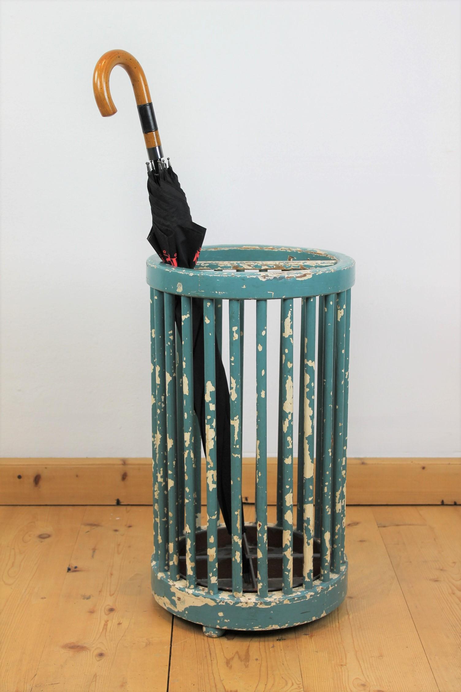 20th Century Wooden Umbrella Stand, Turquoise Green, Great Worn Patina For Sale