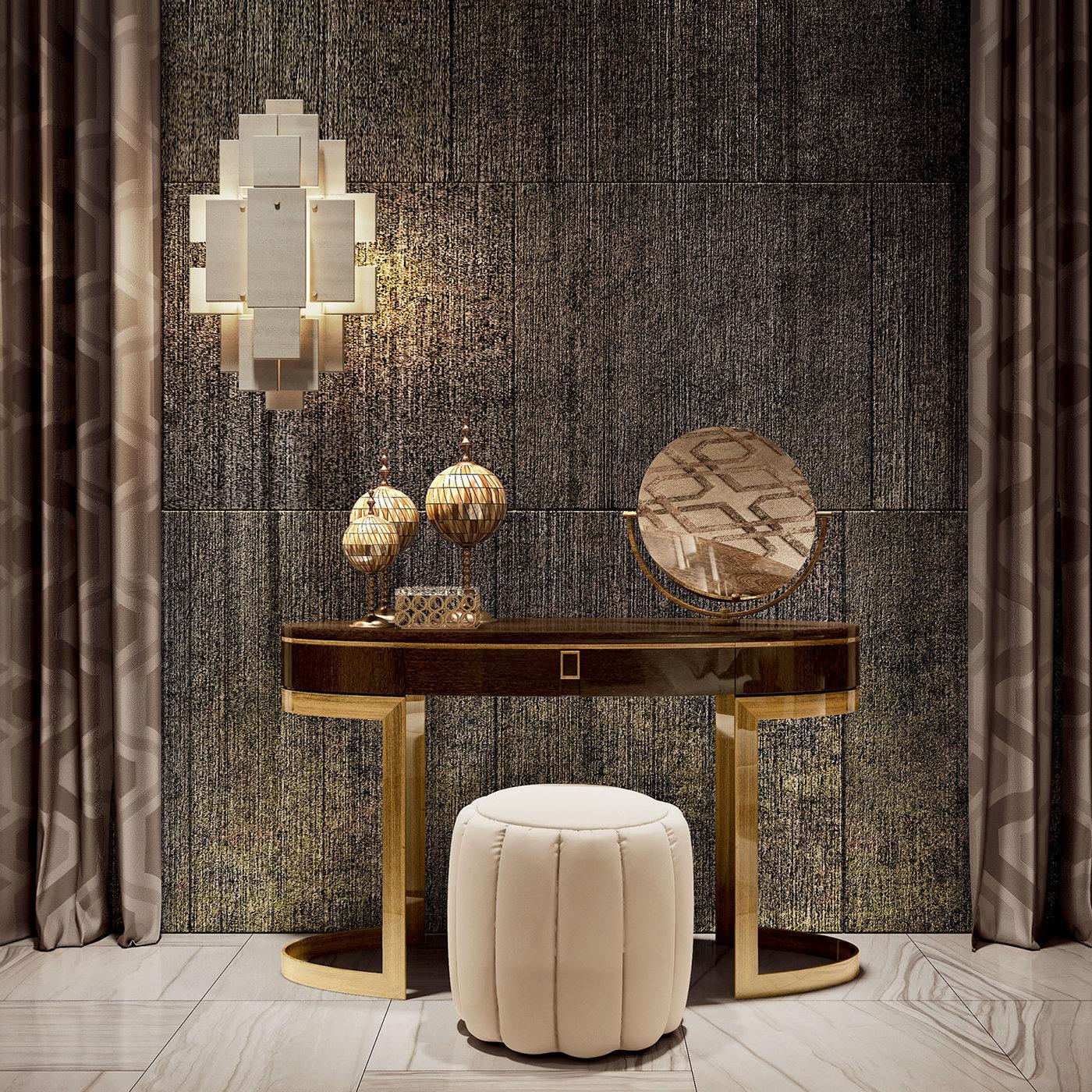 Pampering, grooming or applying and removing makeup can become all that that more elegant when done in front of this gorgeous wooden vanity table. The table rests on a brushed bronze, rounded structure, while an integrated round mirror and a drawer