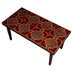 Wooden Veneer Low Side Table with Colourful Flower Ceramics Top, 1970s
