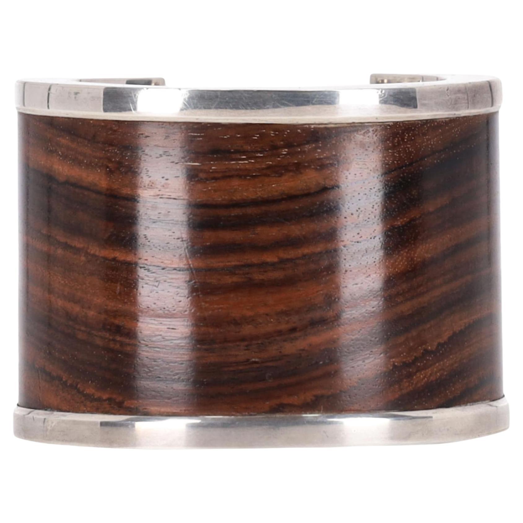 Wooden Vintage Cuff Bracelet With 925 Sterling Silver Trim