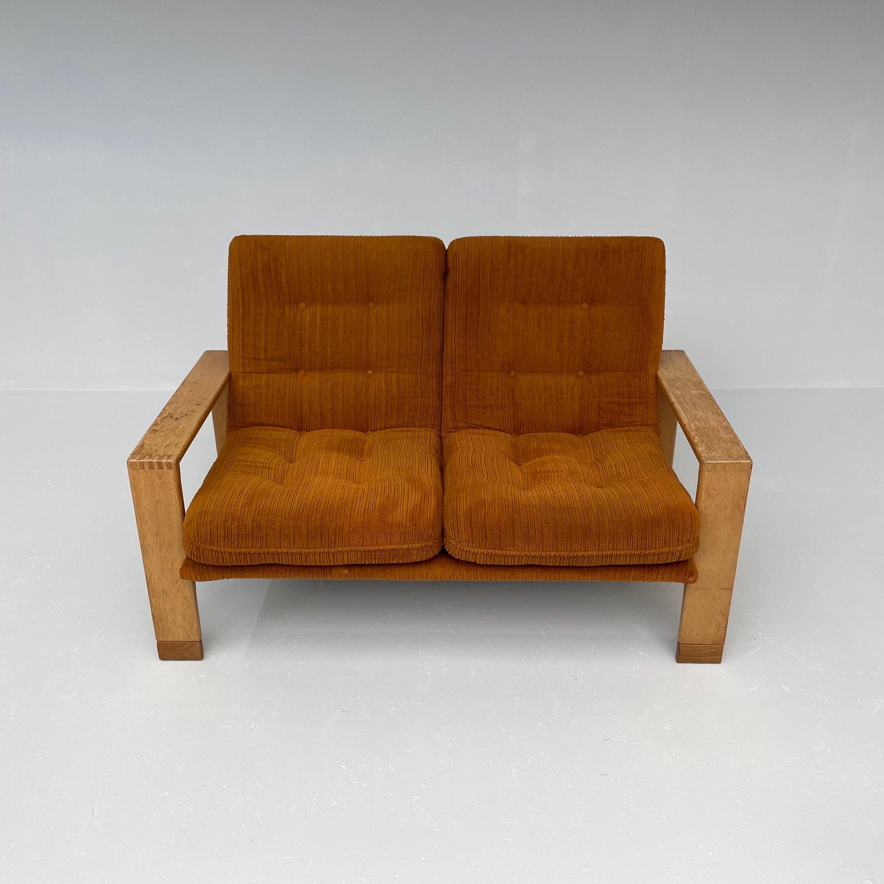 Fabric Wooden Vintage Lounge in Orange Corduroy Living Room Set