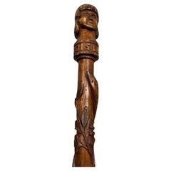 Wooden walking stick with carved snake handle, Helling, folk art