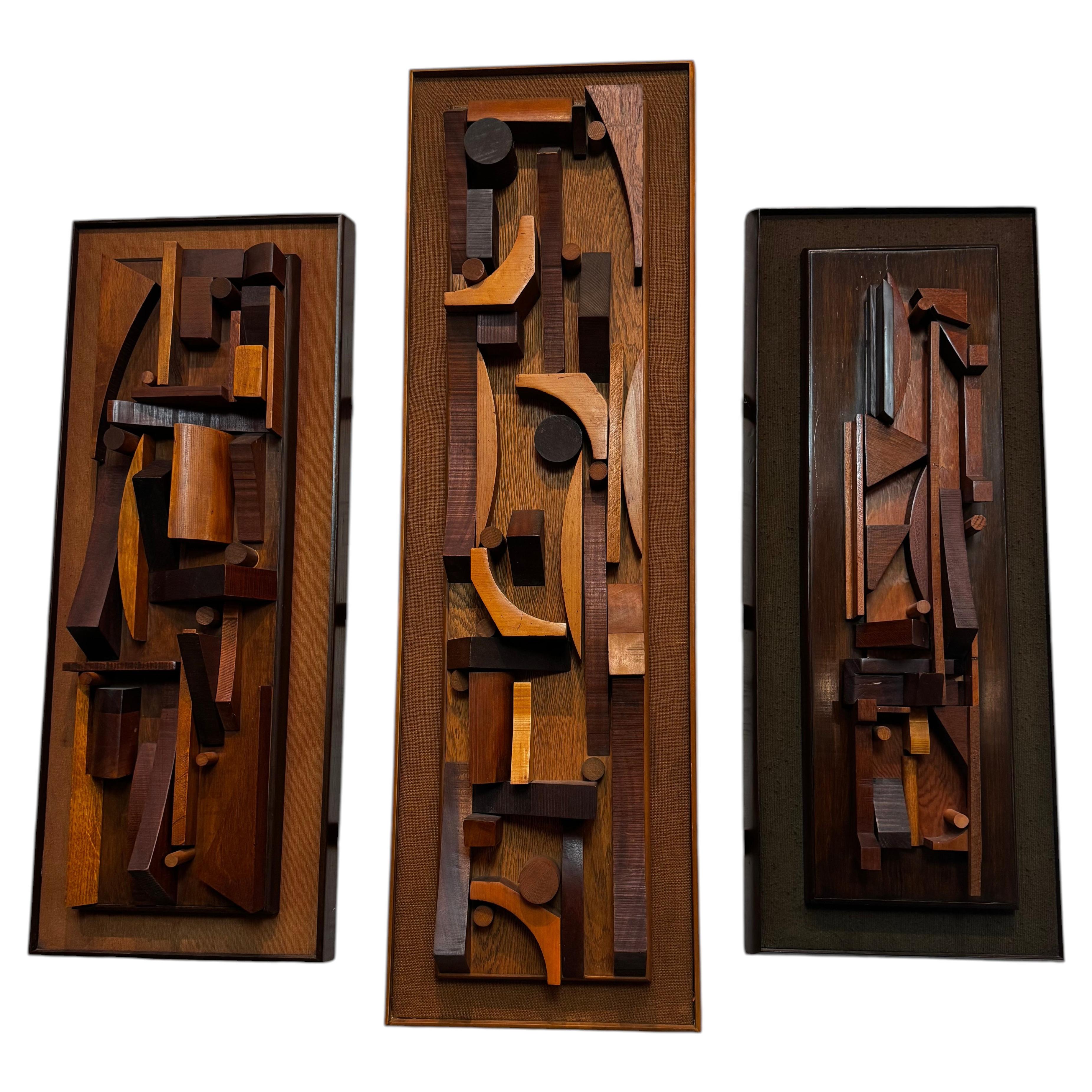 Mid-Century Modern Wooden Wall Art Sculpture, Geometric Reliefs, USA