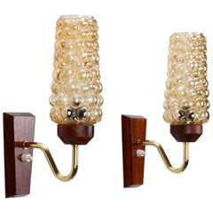Wooden Wall Lights 'Pair' 1950s Danish Vintage Sconces with Wood, Brass & Glass