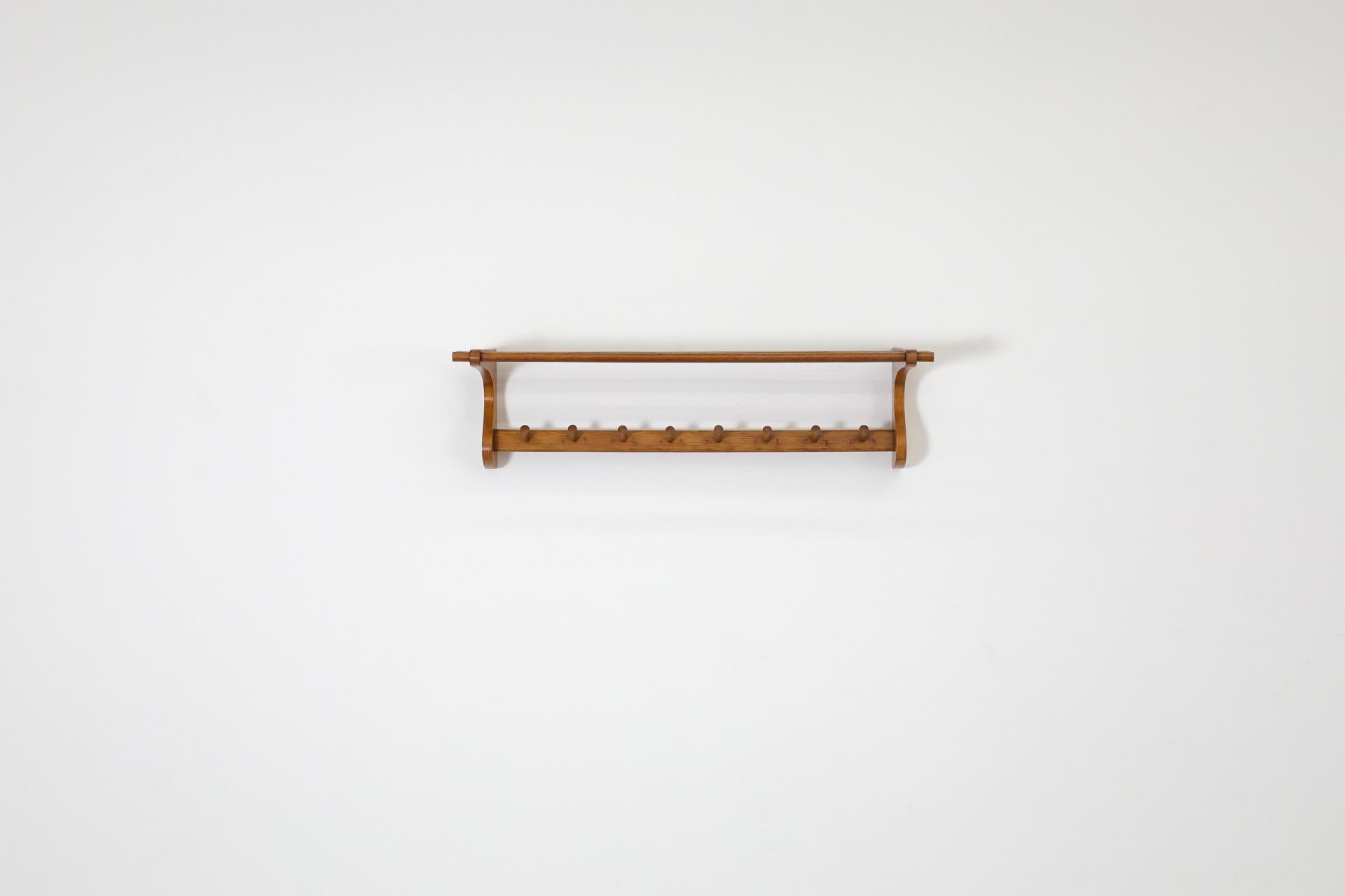 Mid-Century Modern Wooden Wall Mount Coat Rack with Shelf and hooks by 't Spectrum, 1950s For Sale