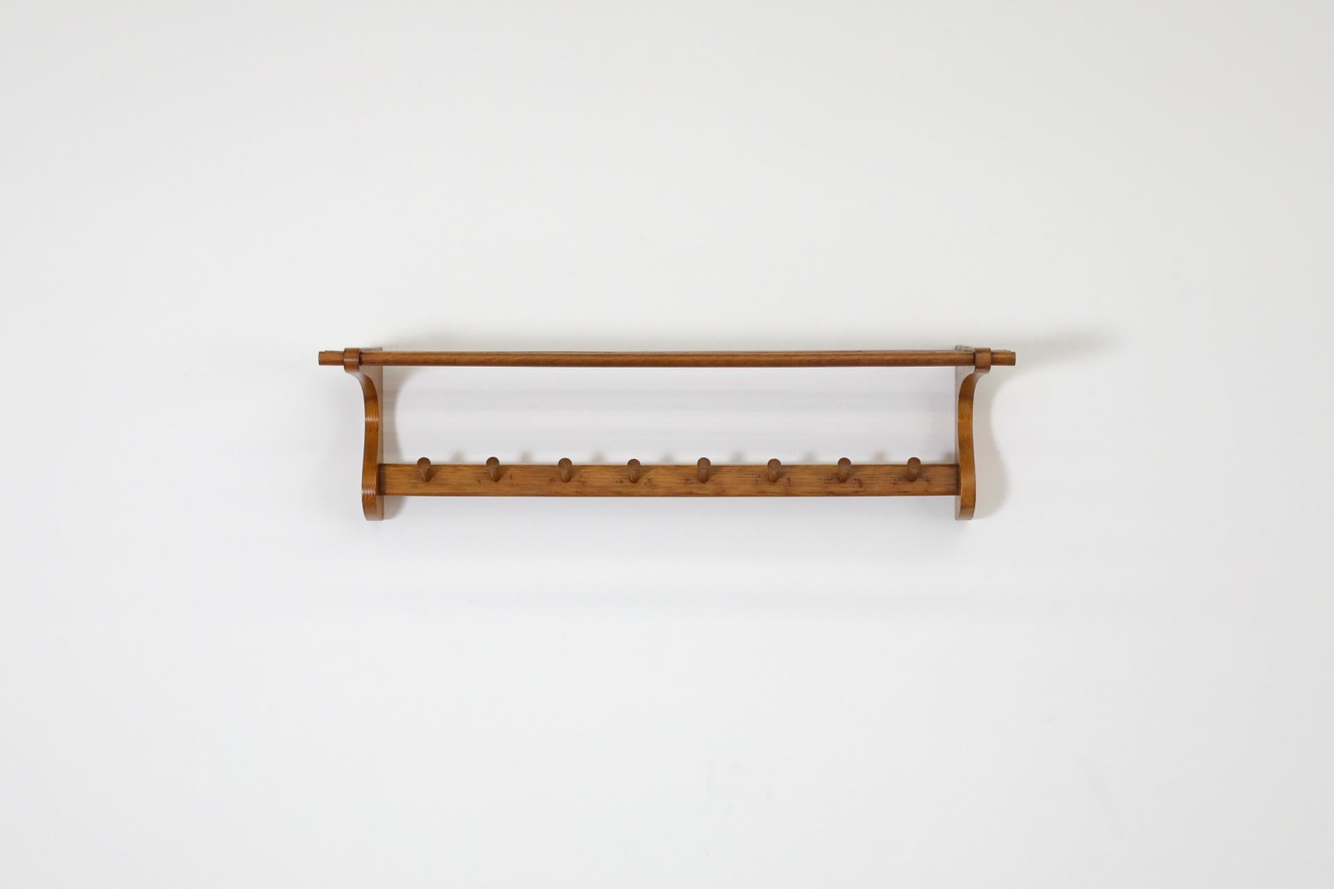 Dutch Wooden Wall Mount Coat Rack with Shelf and hooks by 't Spectrum, 1950s For Sale