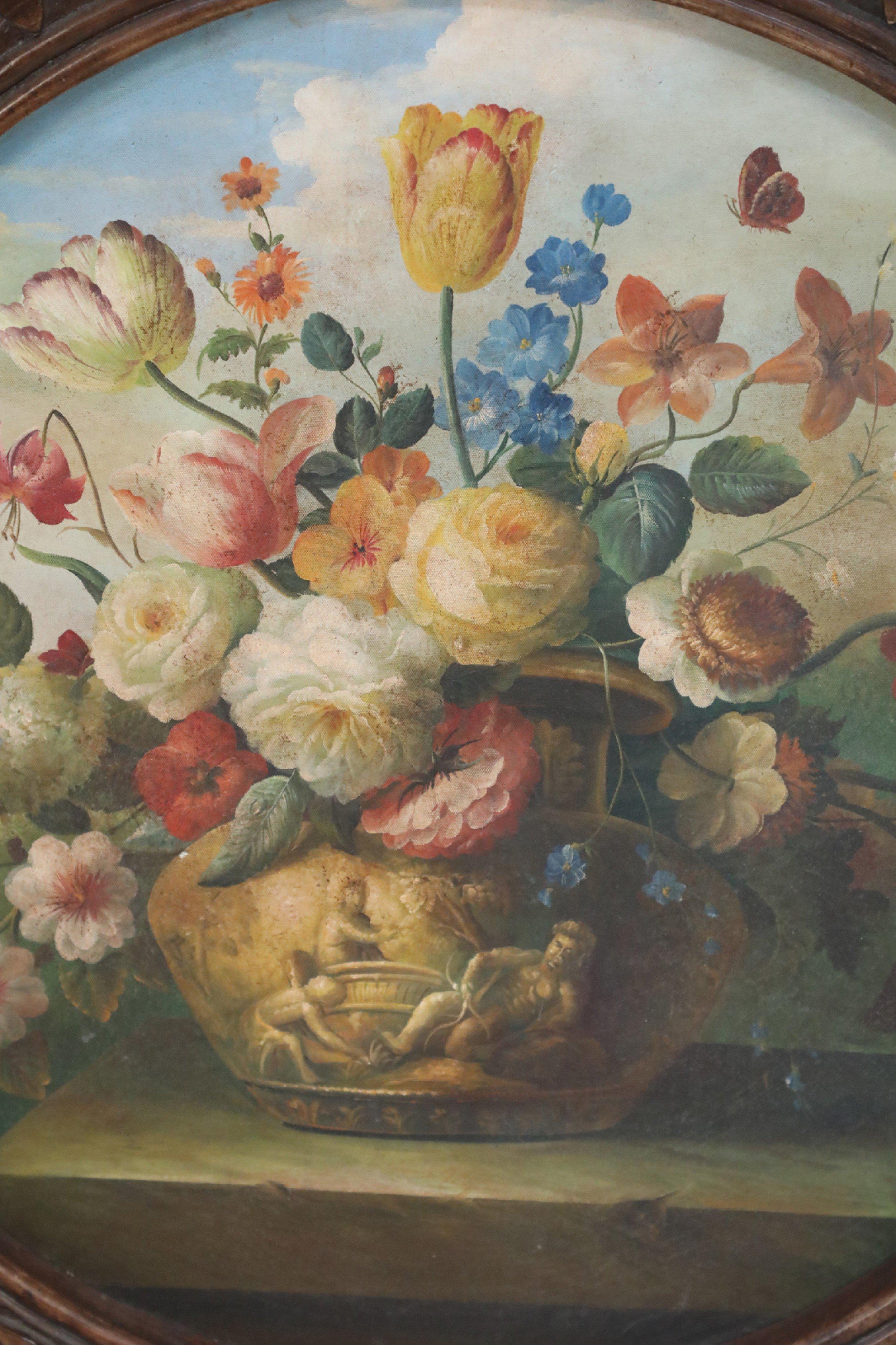 Holz-Wandtafel aus Holz mit bemaltem Blumenstillleben (Louis XV.) im Angebot