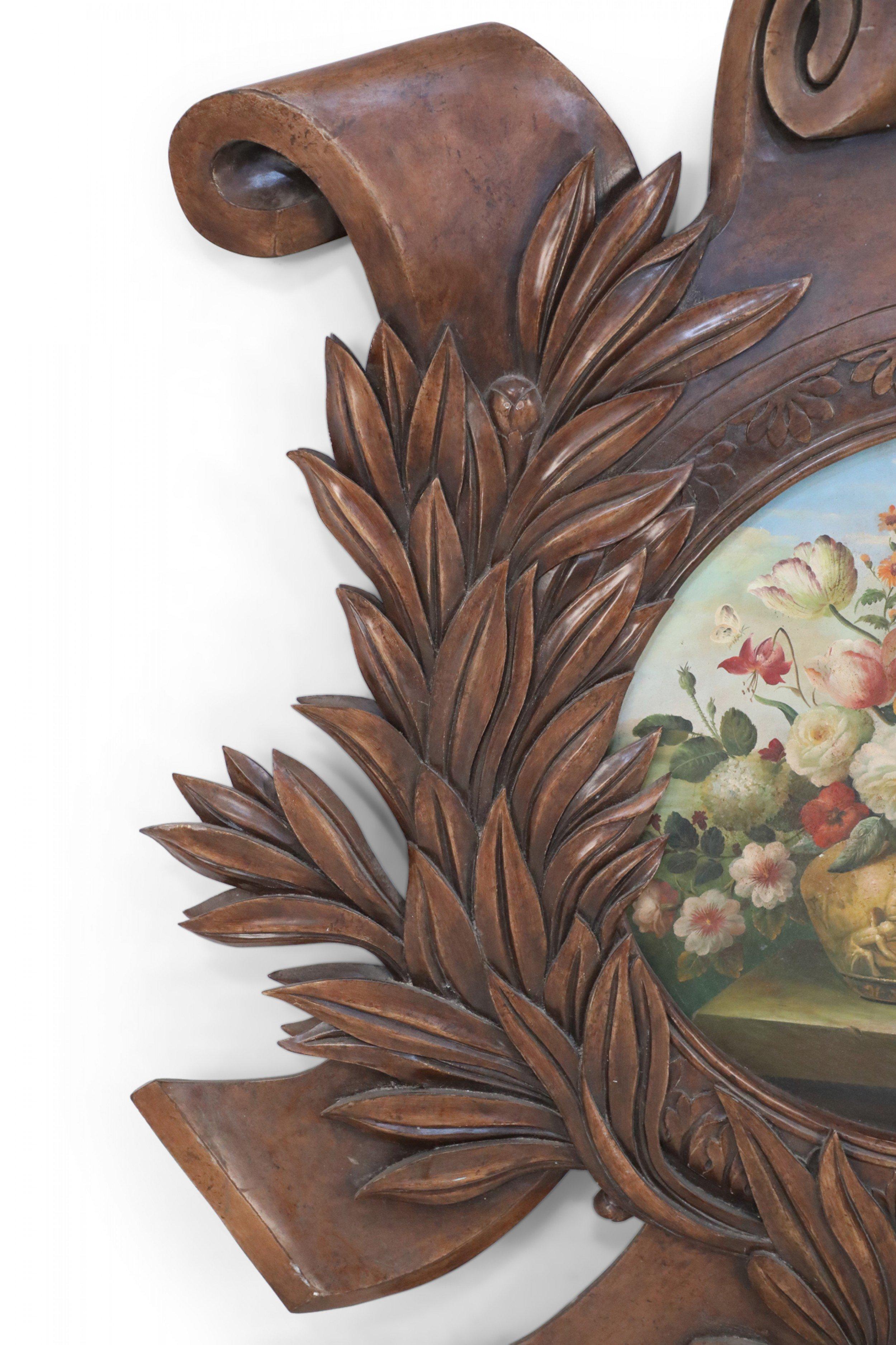 Carved Wooden Wall Plaque with Painted Floral Still Life Inset For Sale