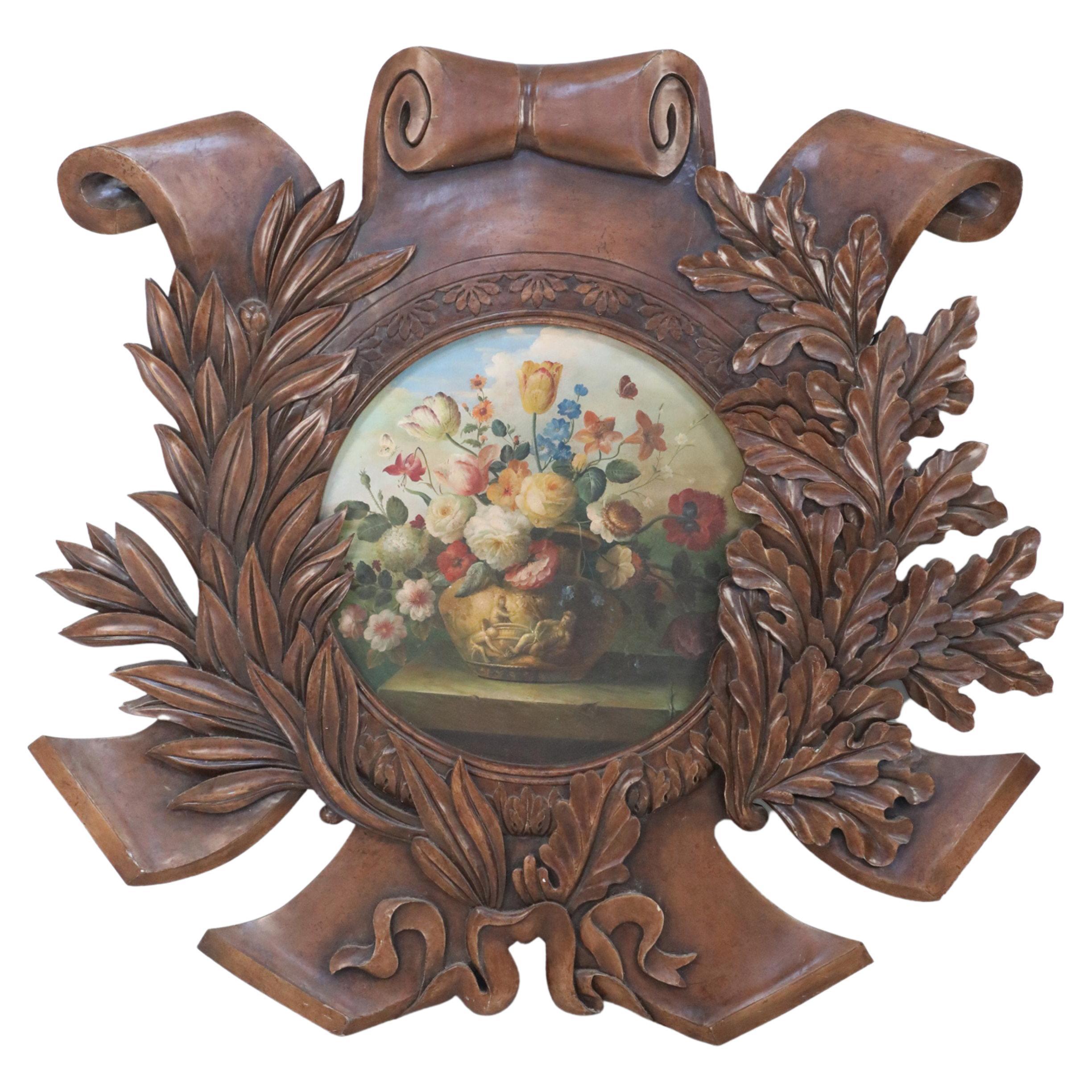 Wooden Wall Plaque with Painted Floral Still Life Inset For Sale