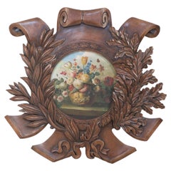 Vintage Wooden Wall Plaque with Painted Floral Still Life Inset
