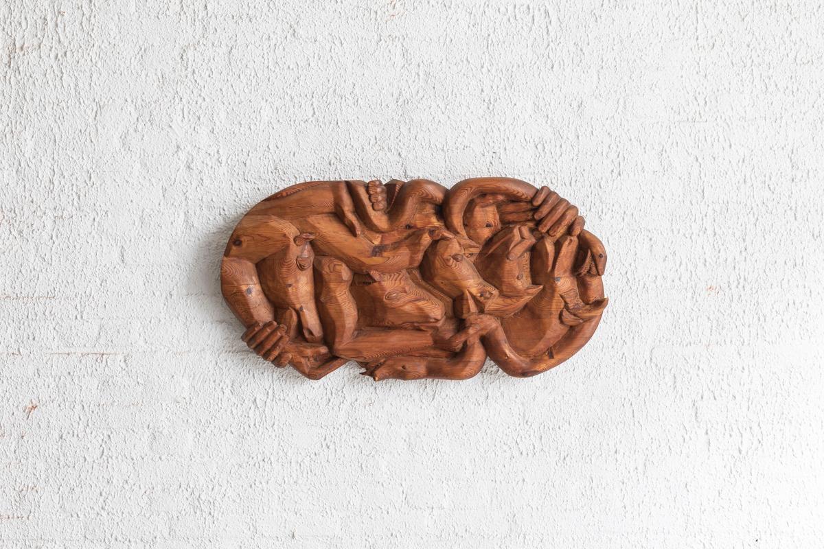 Scandinavian Modern Wooden wall sculpture, an art carving by Preben P., Denmark, 1993 For Sale