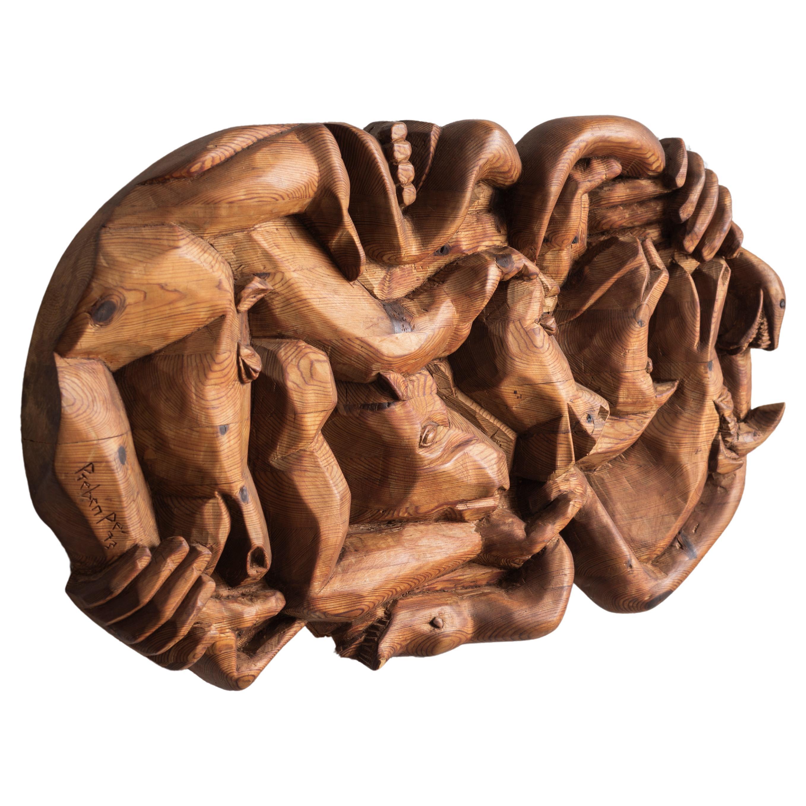 Wooden wall sculpture, an art carving by Preben P., Denmark, 1993 For Sale