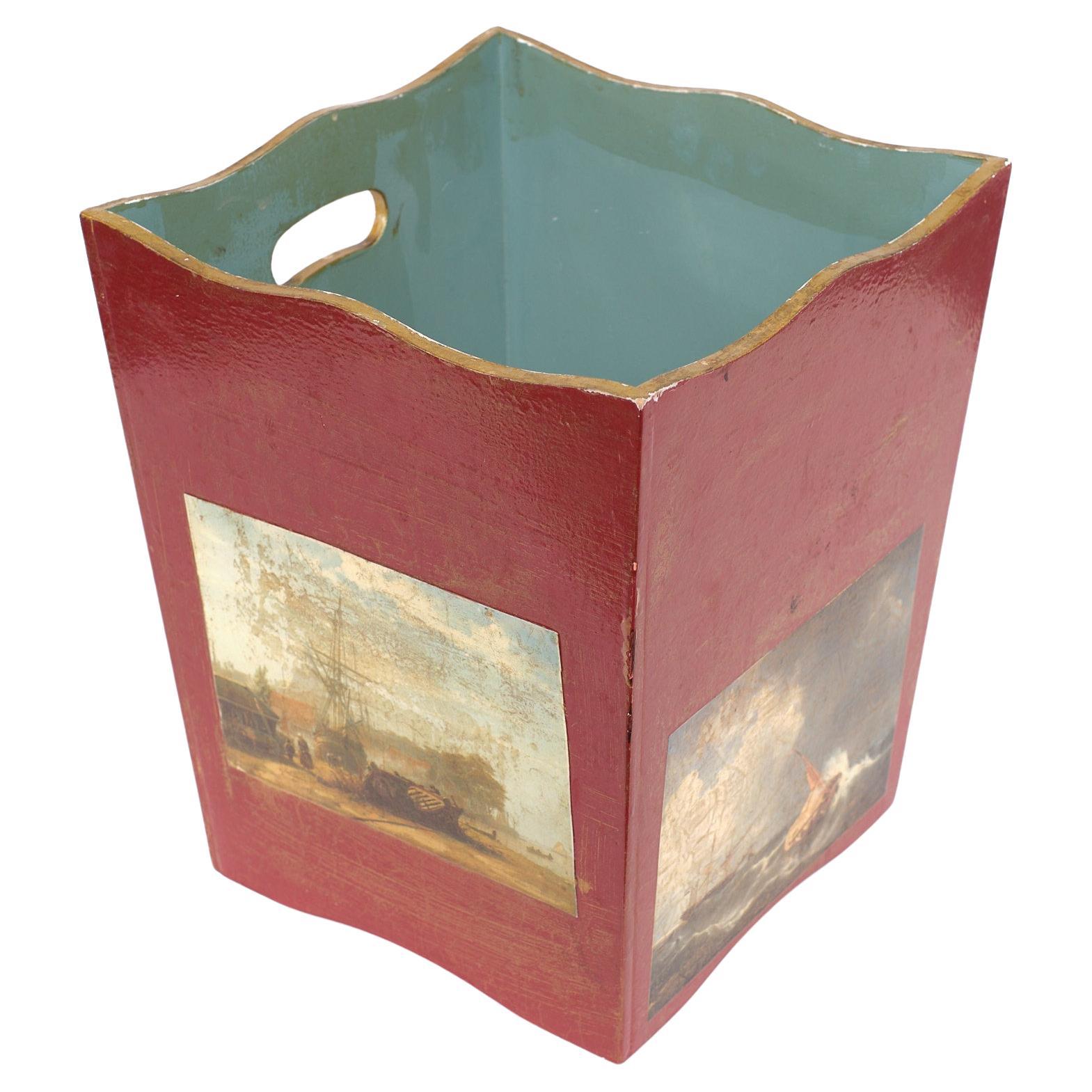 Very nice Wooden Paper Waste Basket .Stone Red color .with Gold details  Comes with 
naval battles Lithographs . Beautiful Sea Foam Green inside .1950s  .original condition   