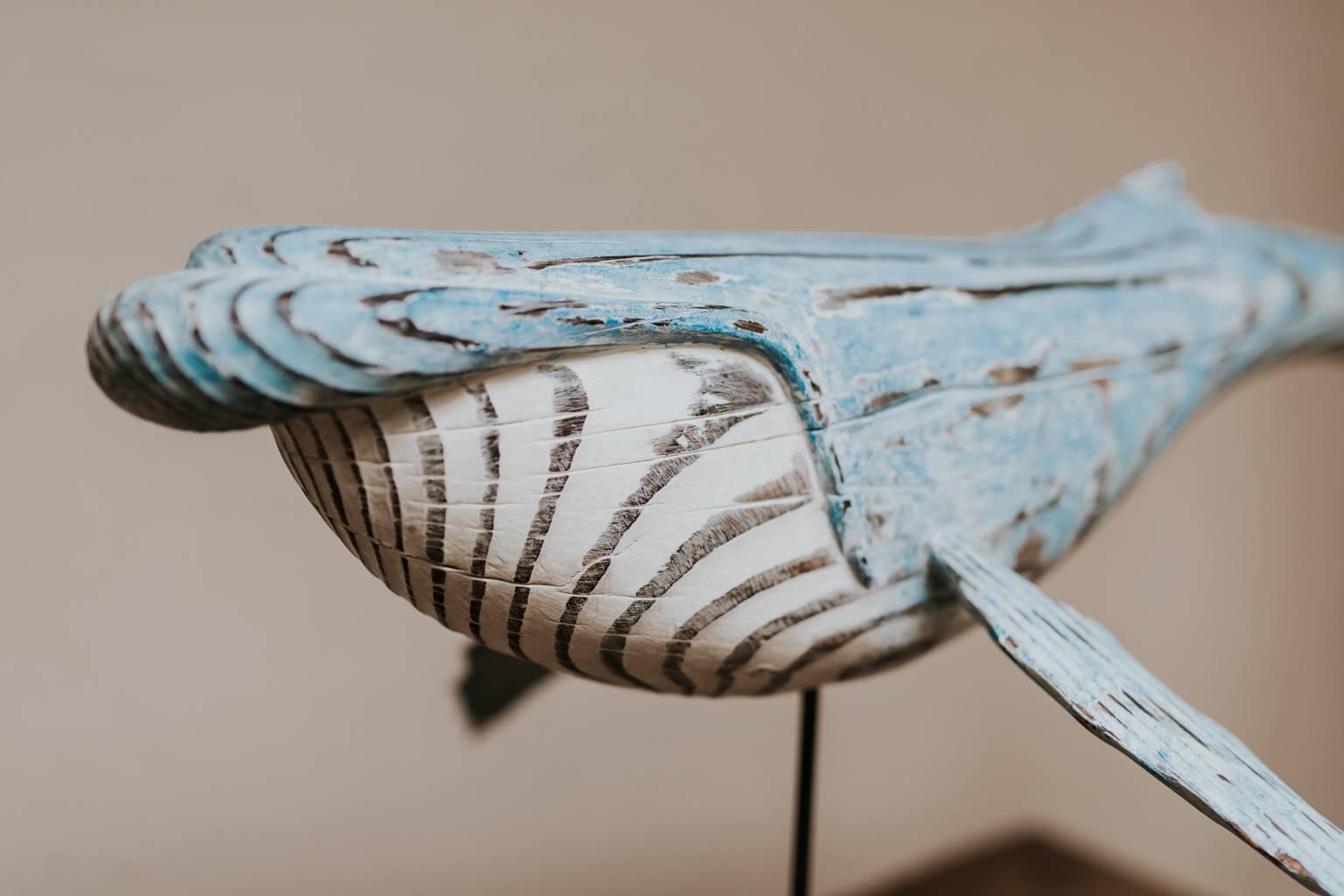This wooden wale sculpture mounted on a wooden base is a creation of Martin Scorey, British contemporary artist, born 1961, great decorative item.