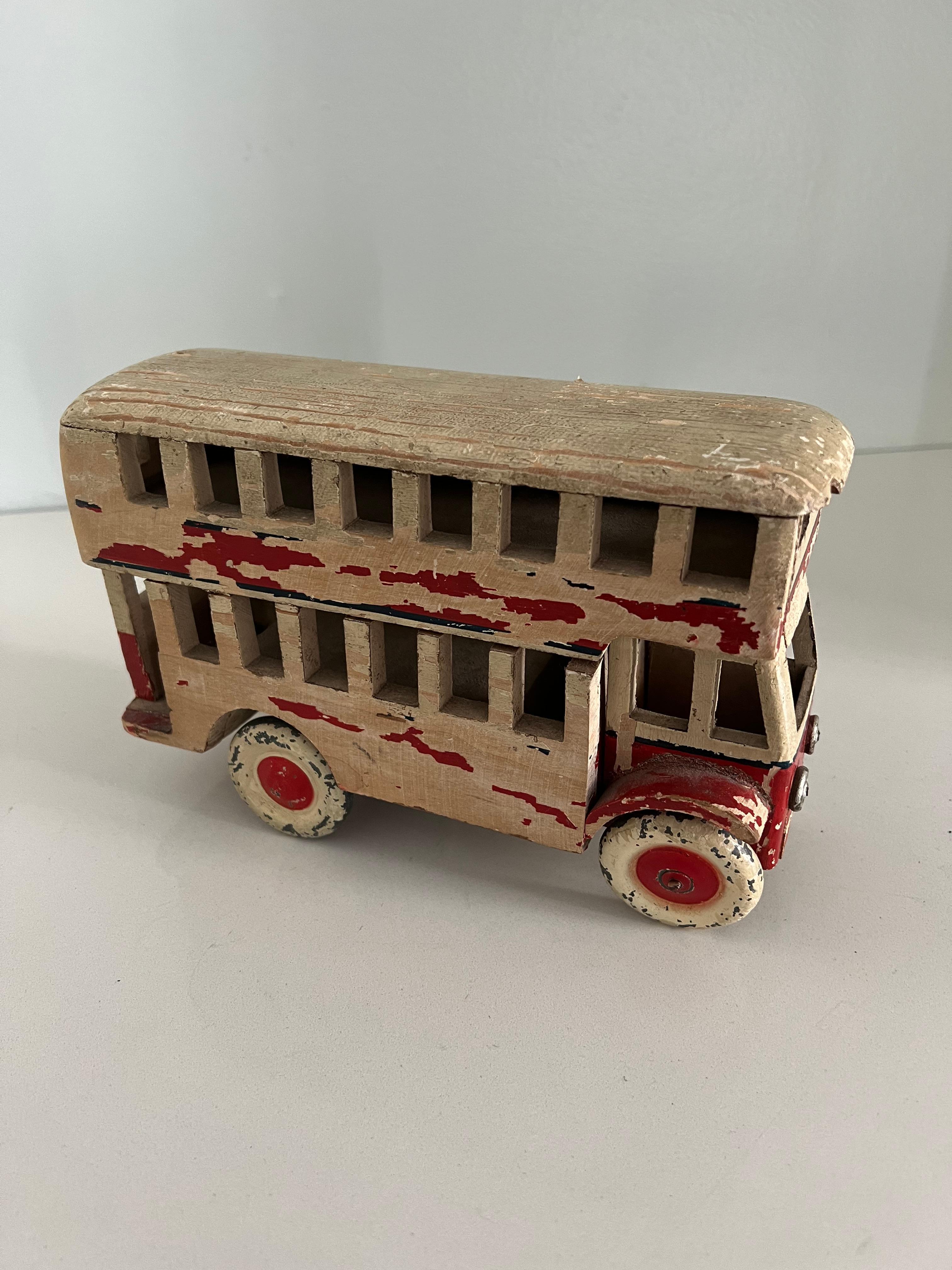 Folk Art Wooden Wind-Up Double Decker Bus For Sale