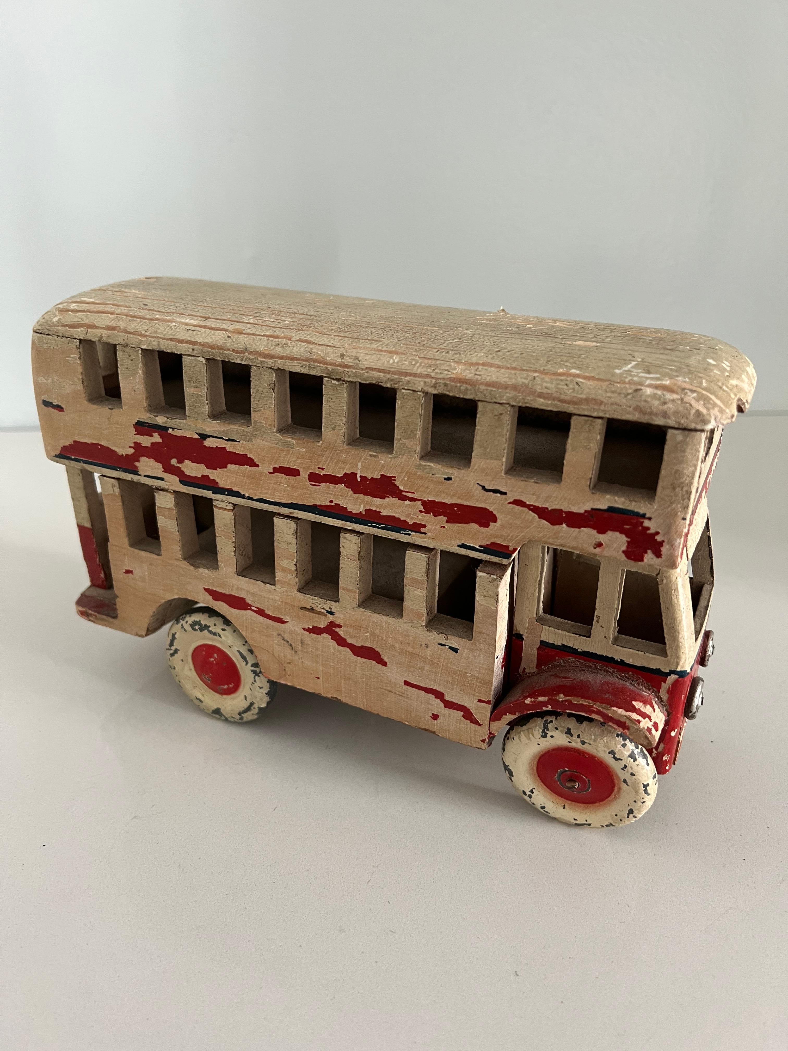 Painted Wooden Wind-Up Double Decker Bus For Sale