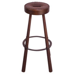 Circa 1940s Wooden Workman Stool with Leather Top