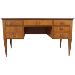 Wooden Writing Desk, Brass Finishing, Chrystal Top, 1950s