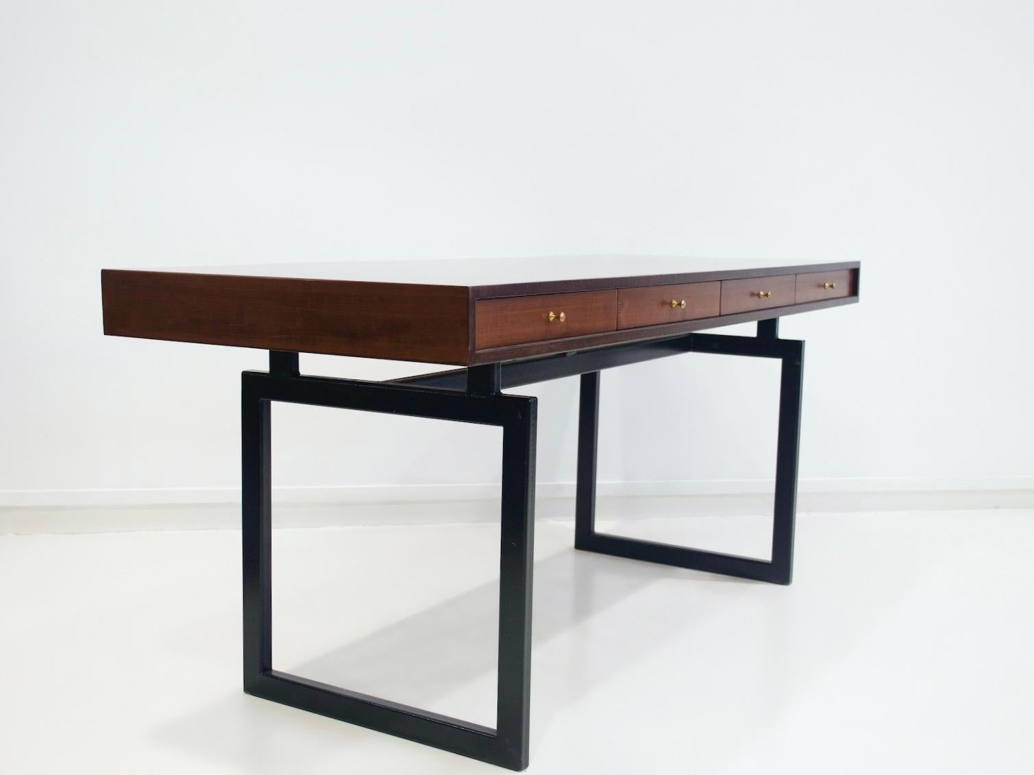 Wooden Writing Desk with Drawers and Black Lacquered Legs  For Sale 4
