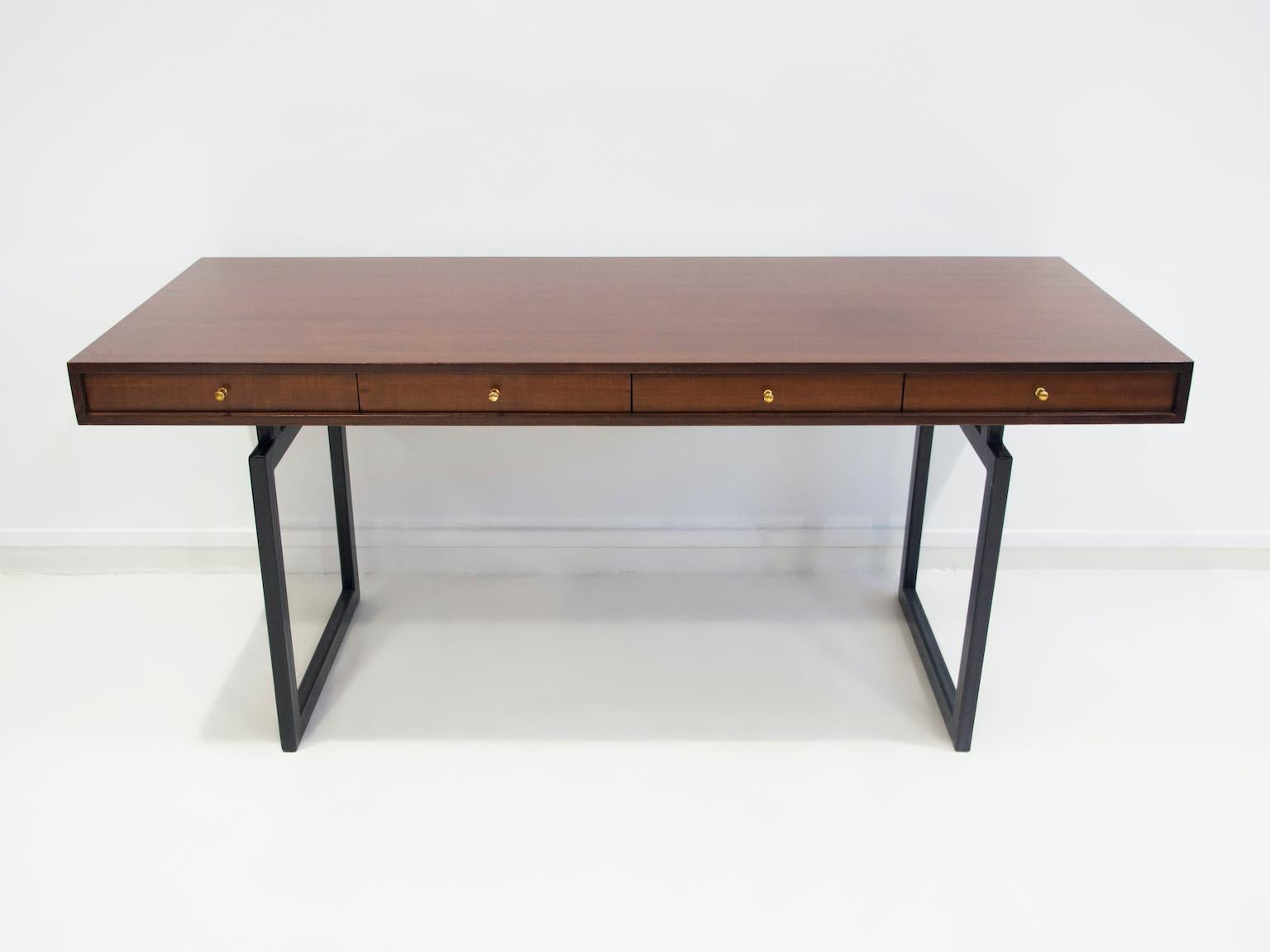 Wooden Writing Desk with Drawers and Black Lacquered Legs For Sale at 1stDibs