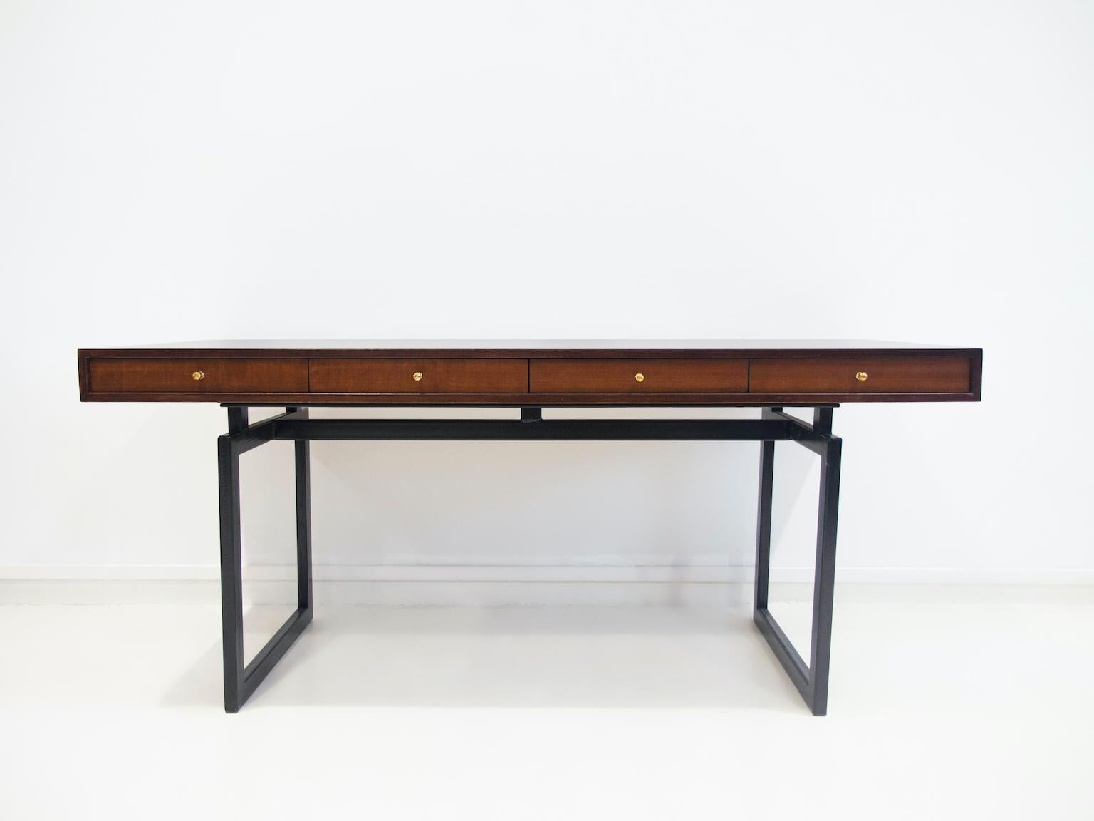 Wooden Writing Desk with Drawers and Black Lacquered Legs For Sale at
