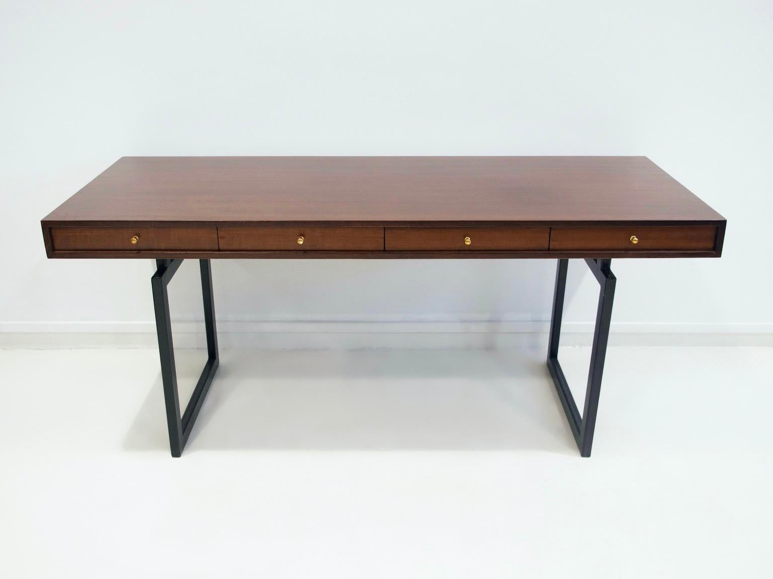 Modern Wooden Writing Desk with Drawers and Black Lacquered Legs  For Sale