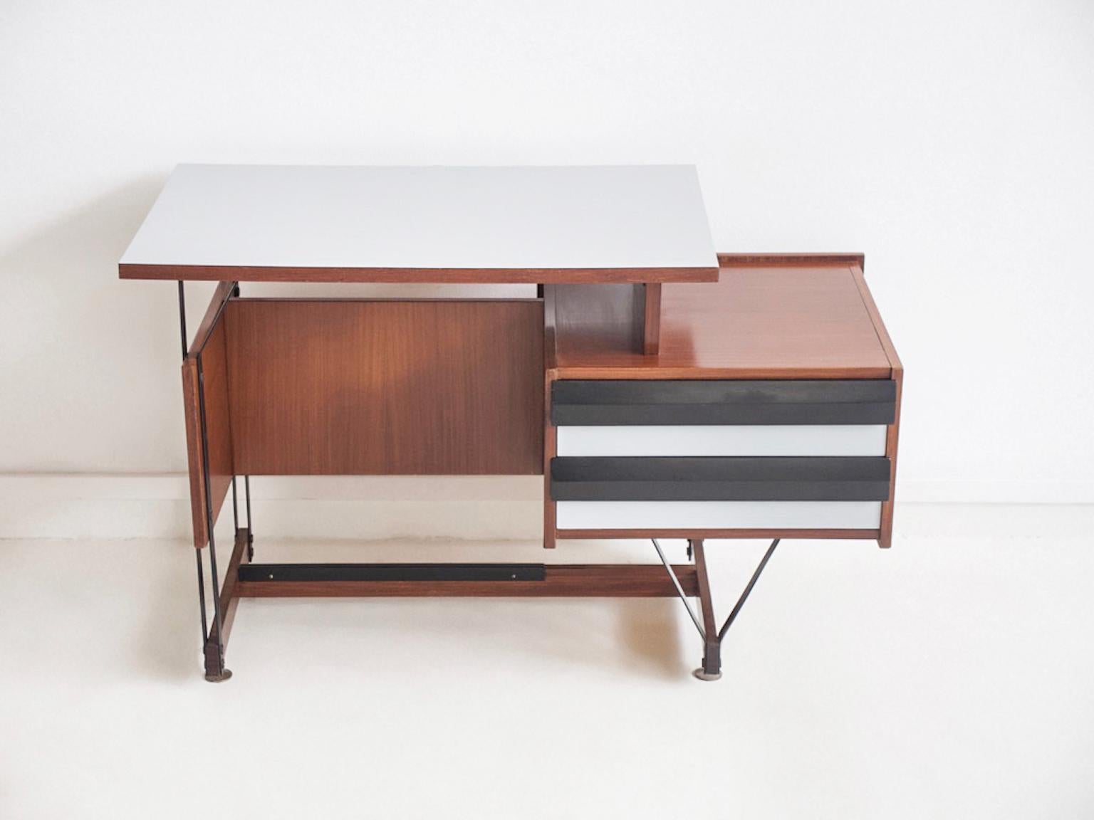 Mid-Century Modern Wooden Writing Desk with Metal Structure, Italy, 1960s For Sale