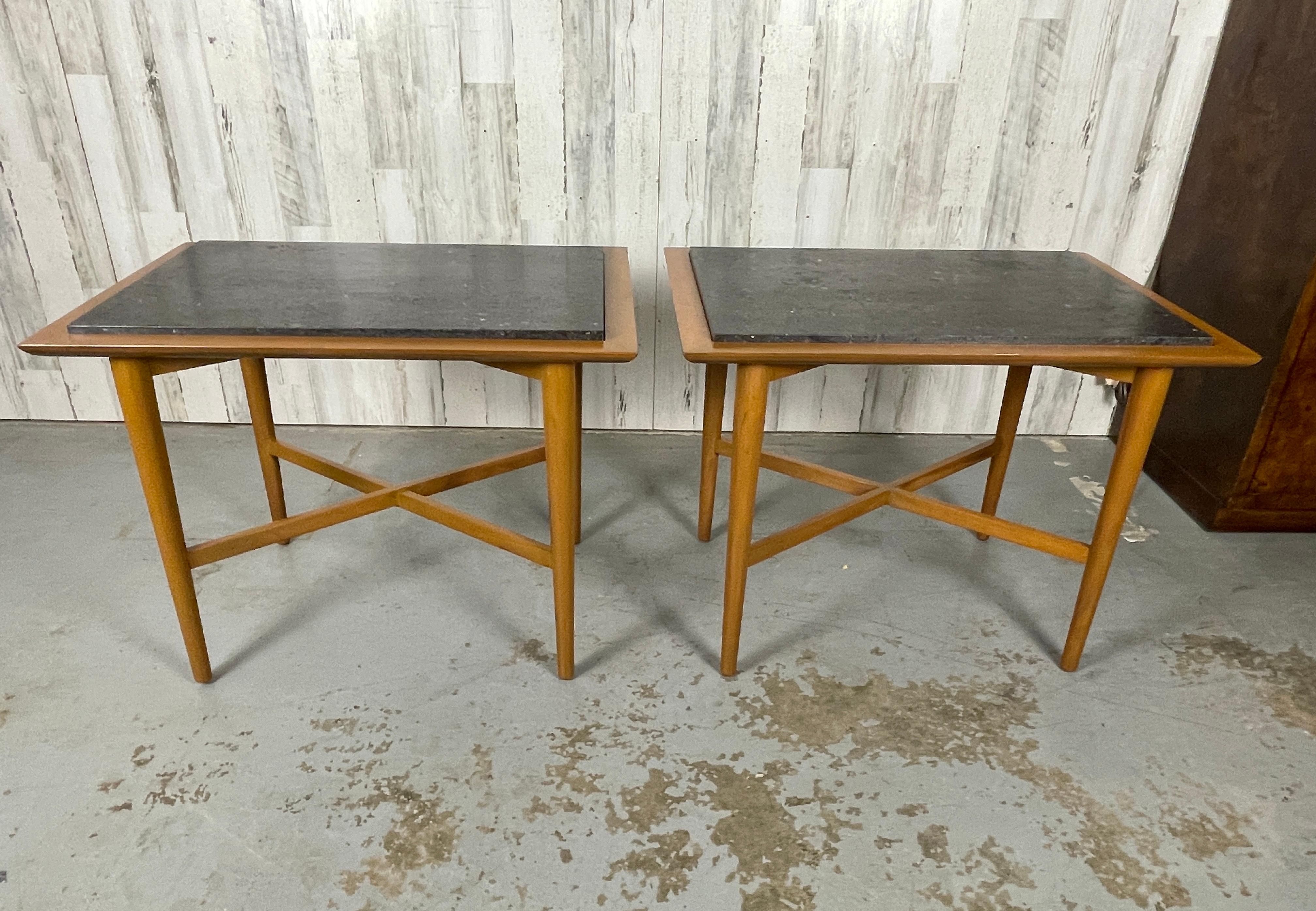 Mid-Century Modern Wooden X Base Granite Top Side Tables For Sale