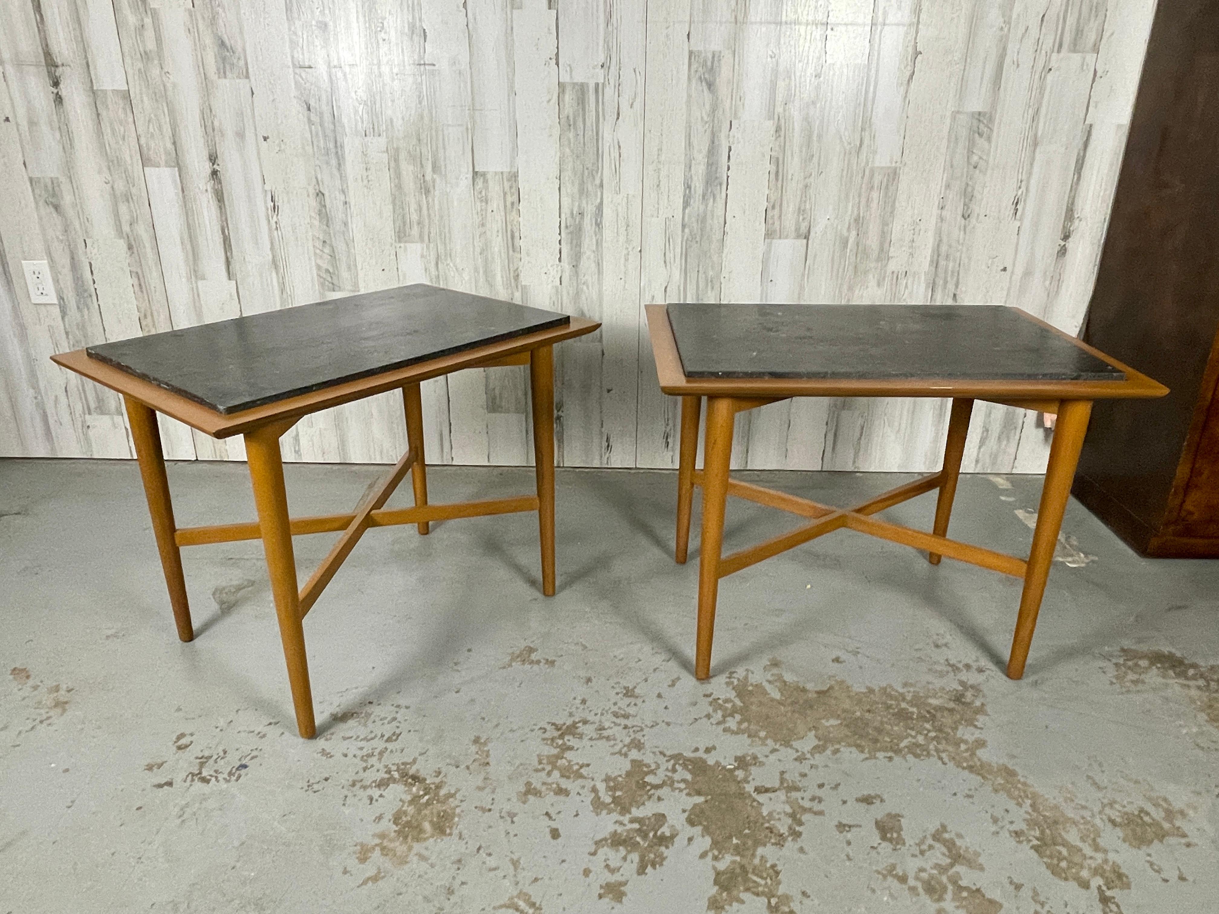 Mid-Century Modern Wooden X Base Granite Top Side Tables For Sale