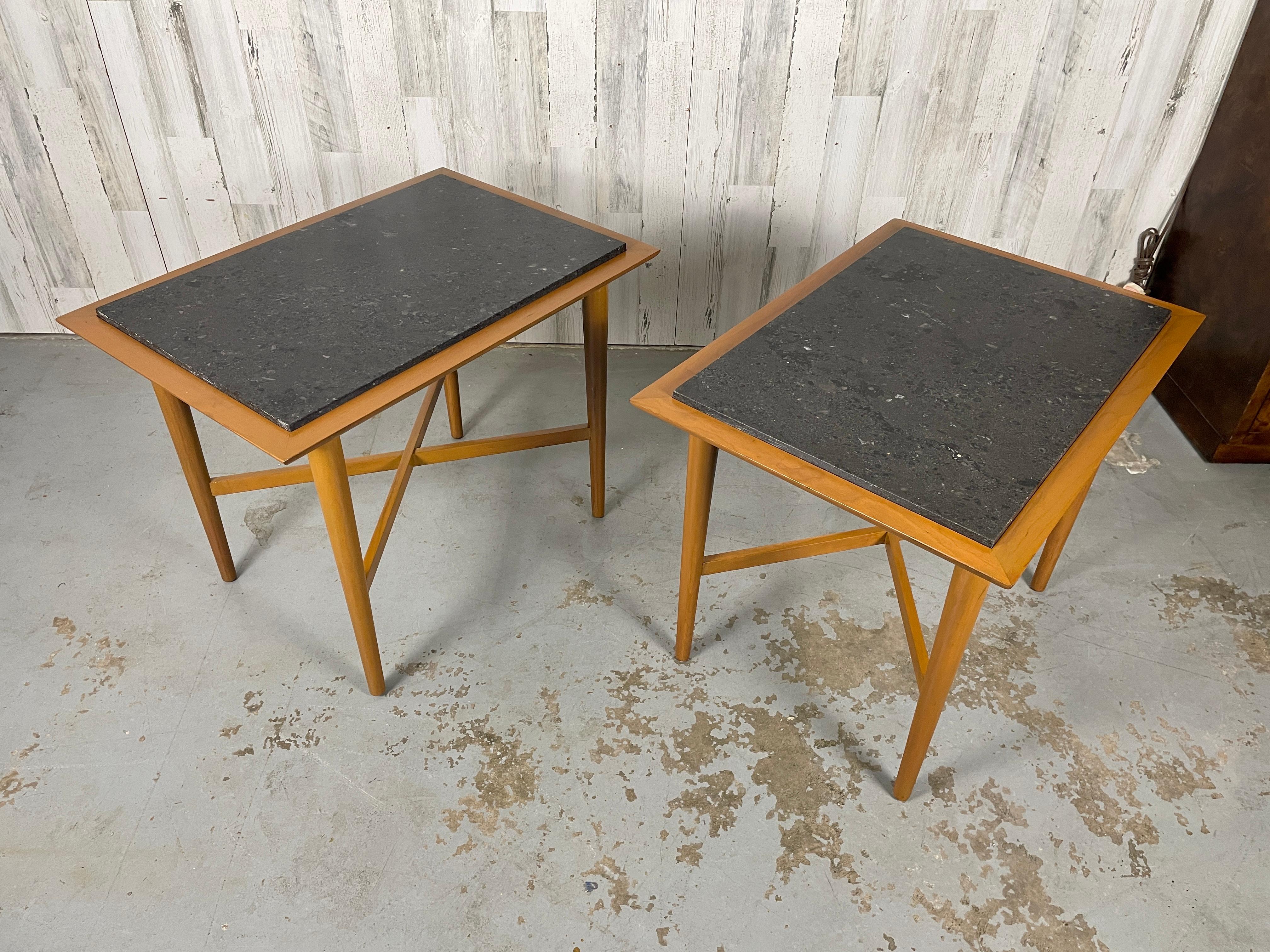 20th Century Wooden X Base Granite Top Side Tables For Sale