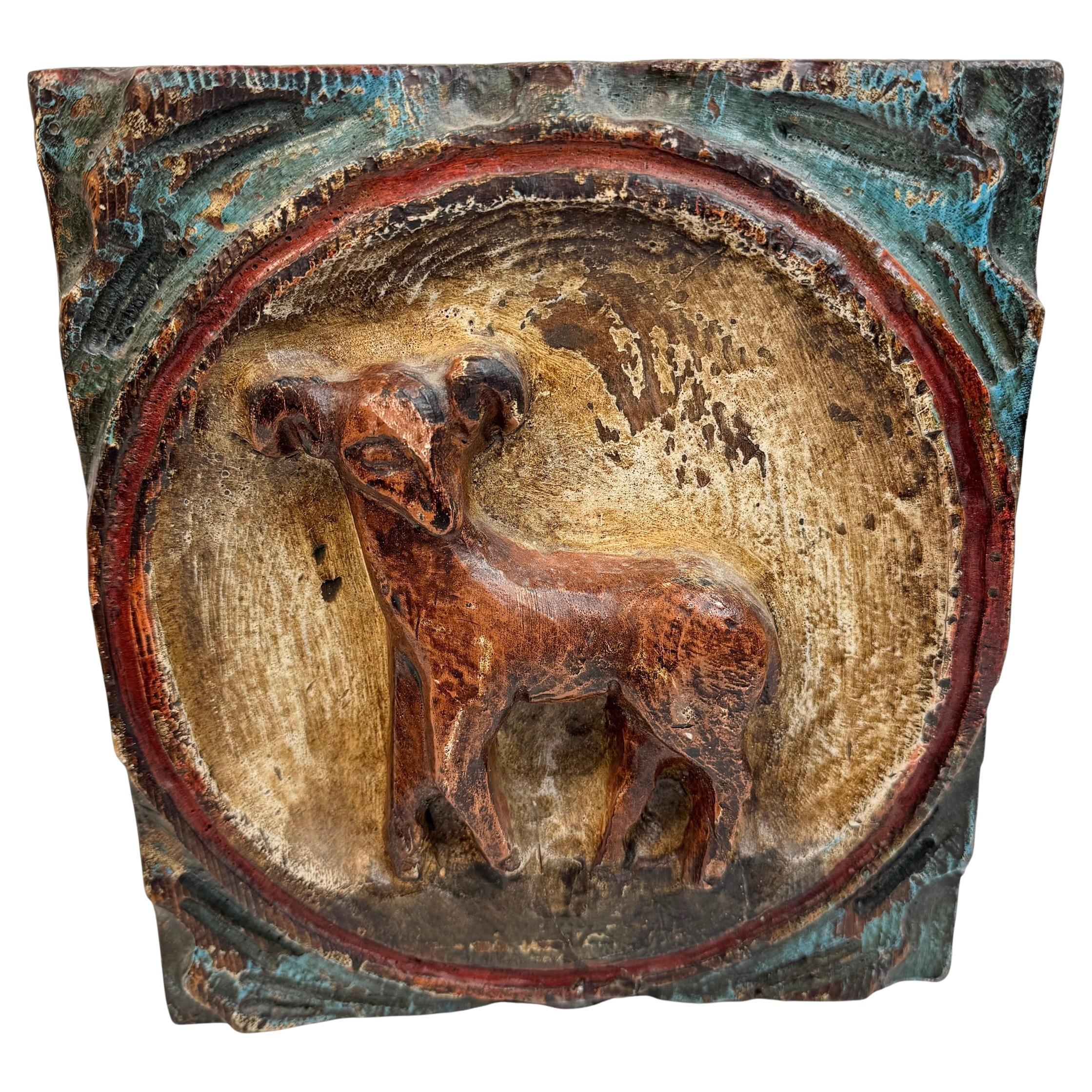 Zodíaco de madera Aries Carnero Placa de pared en relieve Brutalista de mediados de siglo, alemán, años 70