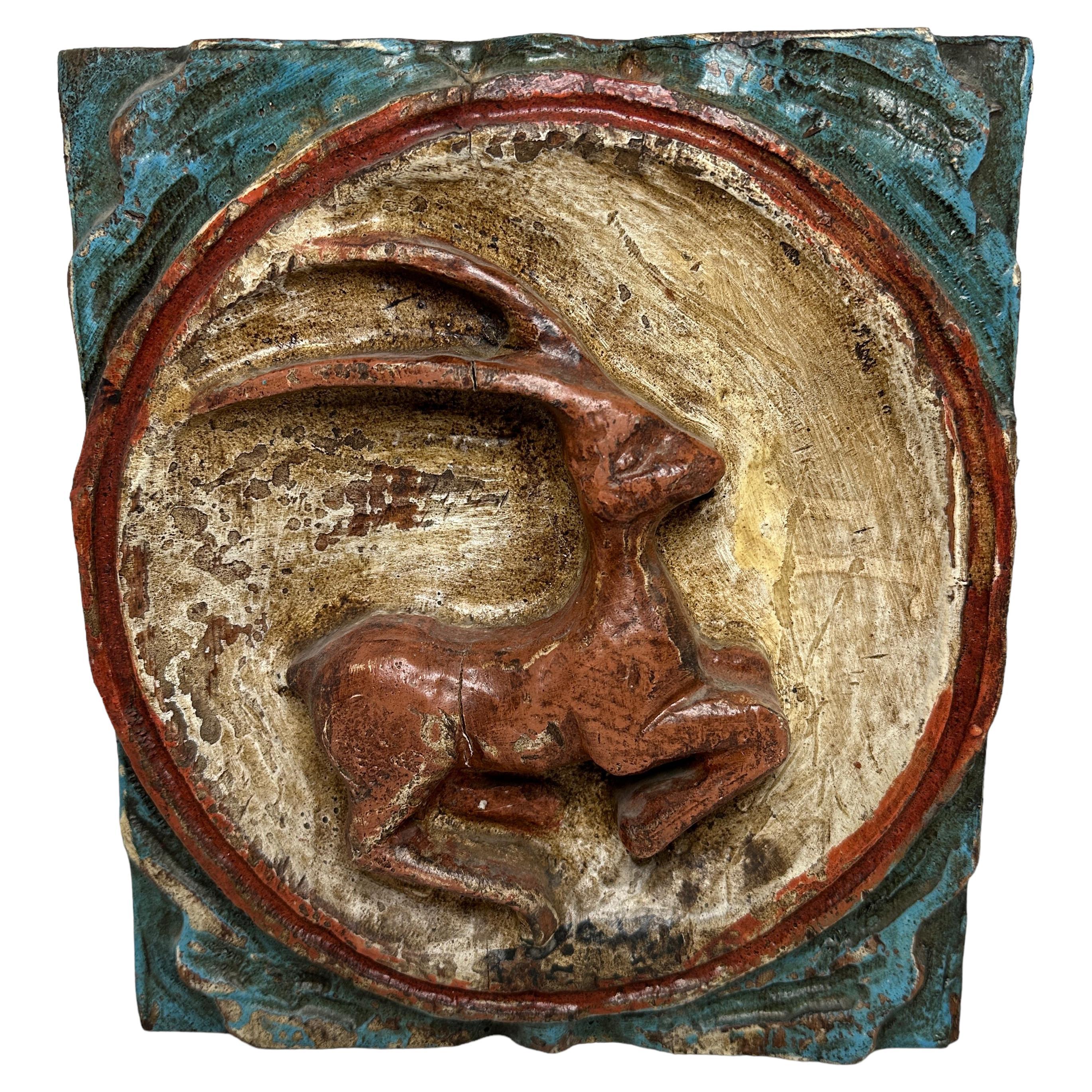 Wooden Zodiac Capricorn Wall Plaque Relief Brutalist Midcentury, German, 1970s For Sale