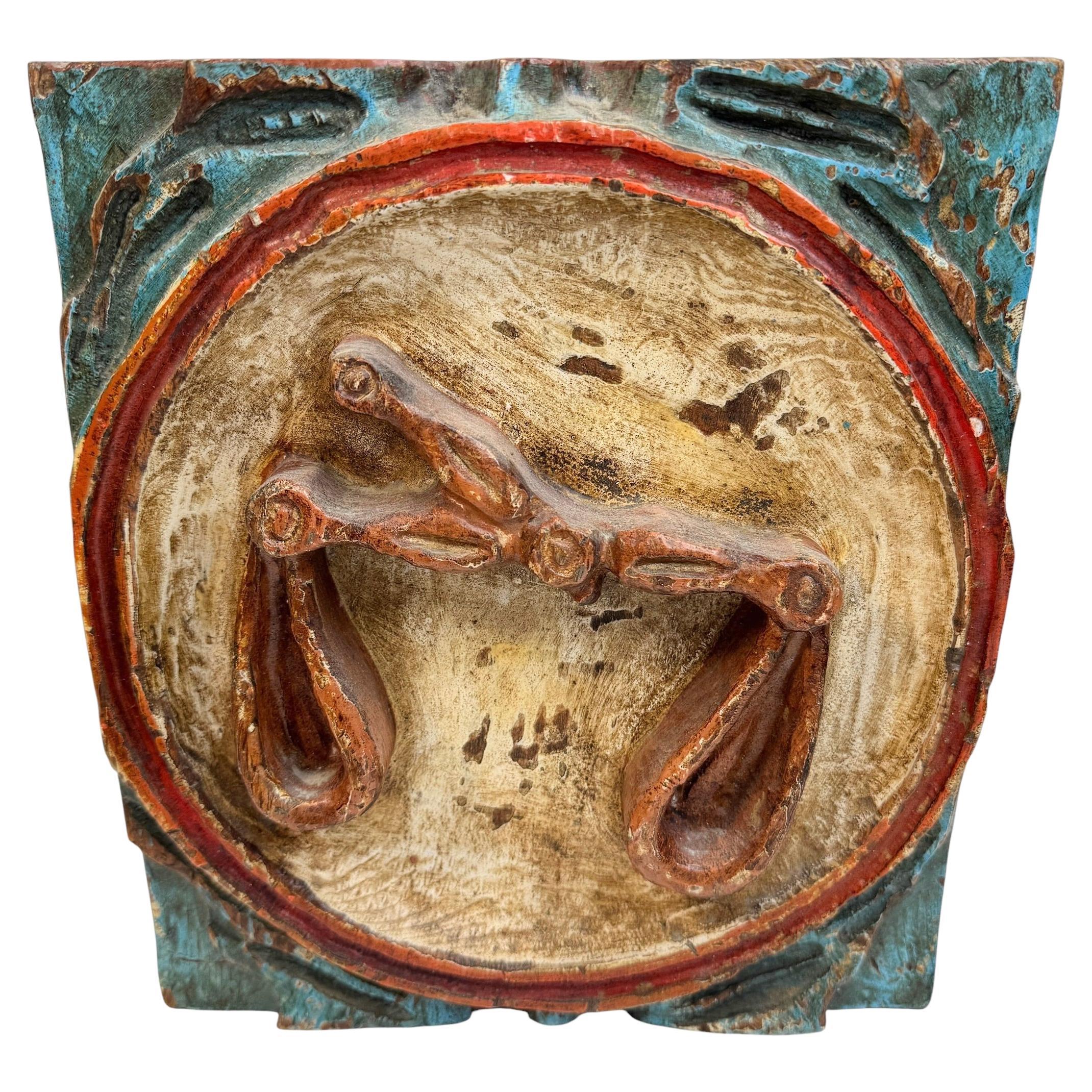 Zodíaco de madera Libra Relieve de placa de pared Brutalista de mediados de siglo, alemán, años 70