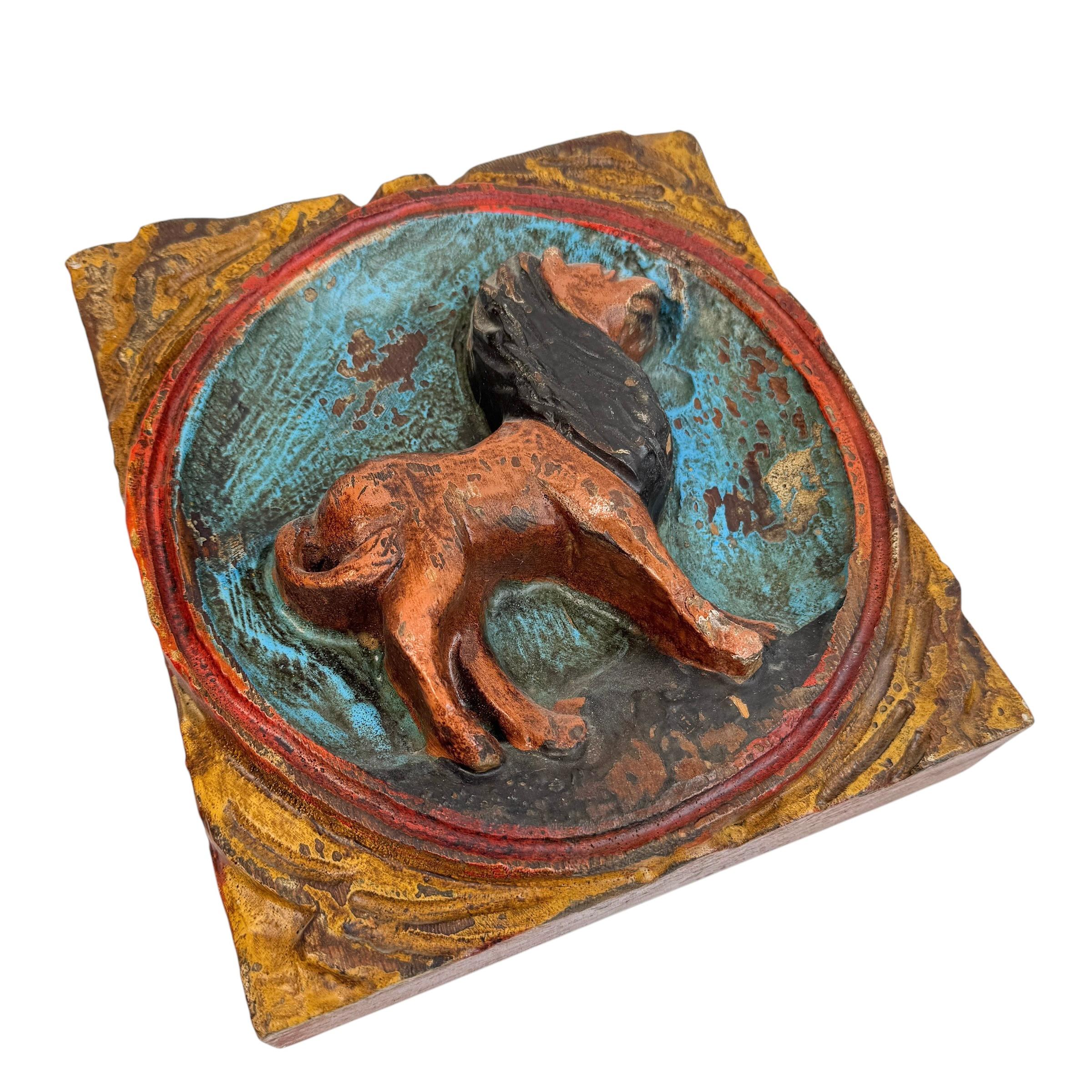 Wooden Zodiac Lion Wall Plaque Relief Brutalist Midcentury, German, 1970s For Sale 2