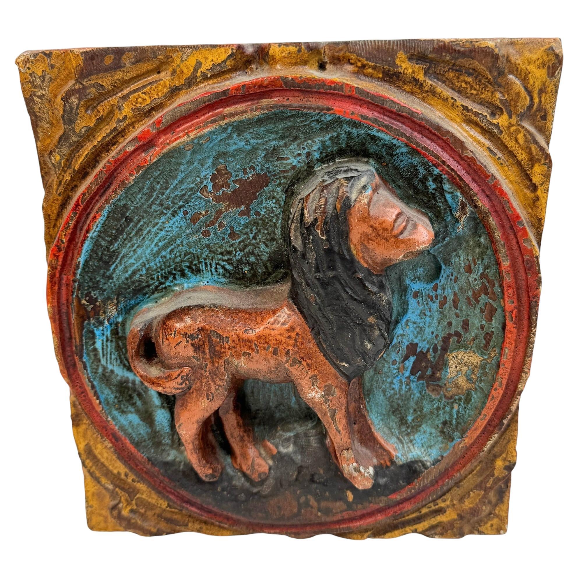 Plaque murale en bois Zodiac Lion Relief Brutalist Midcentury, Allemagne, années 1970