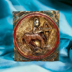 Zodíaco de madera Sagitario Placa de pared en relieve Brutalista de mediados de siglo, alemán, años 70