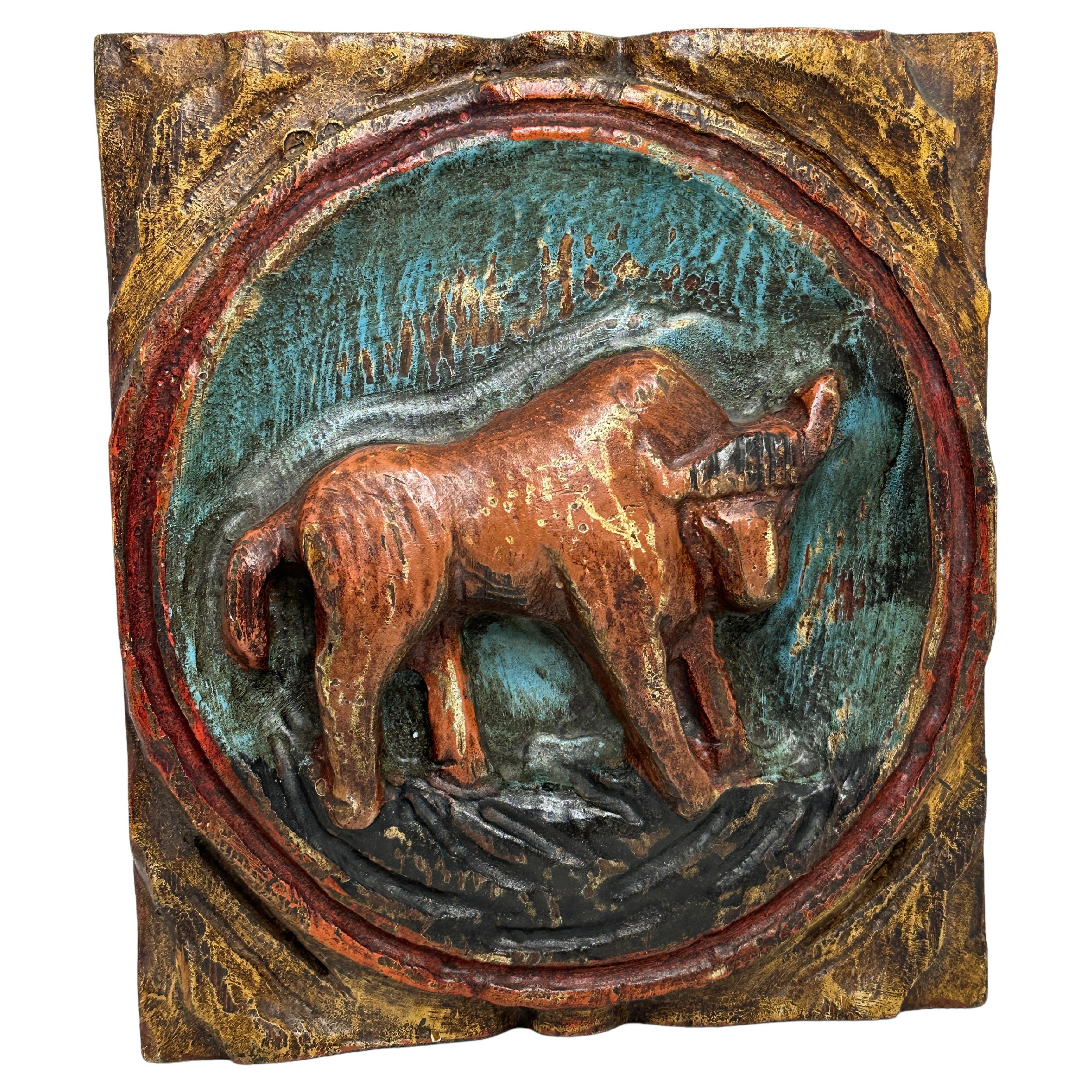Zodiaco de madera Toro de Tauro Placa de pared en relieve Brutalista de mediados de siglo, alemán, años 70
