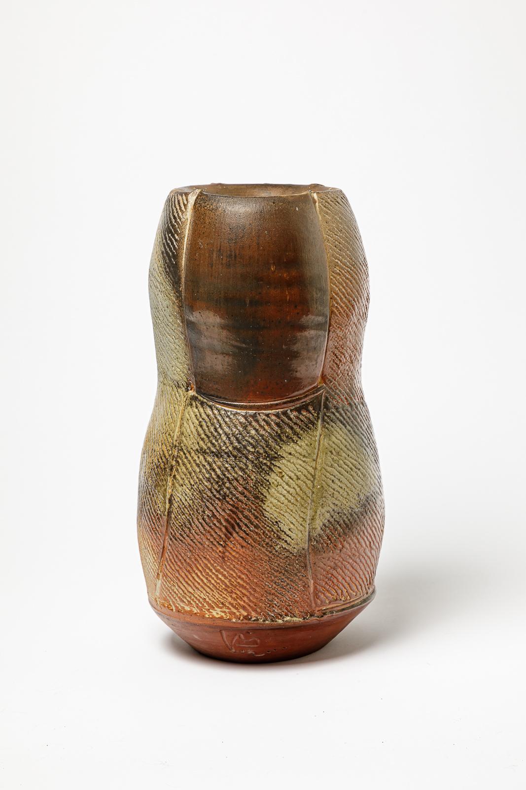 Vase en céramique cuite au feu de bois d'Eric Astoul, vers 1990. Excellent état - En vente à Saint-Ouen, FR