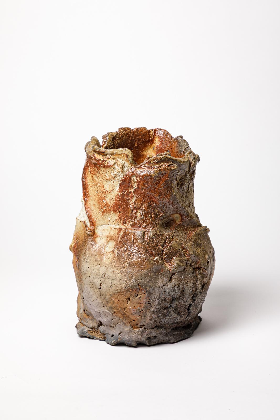 Francese Vaso in ceramica cotta a legna di Hervé Rousseau, 1990. in vendita