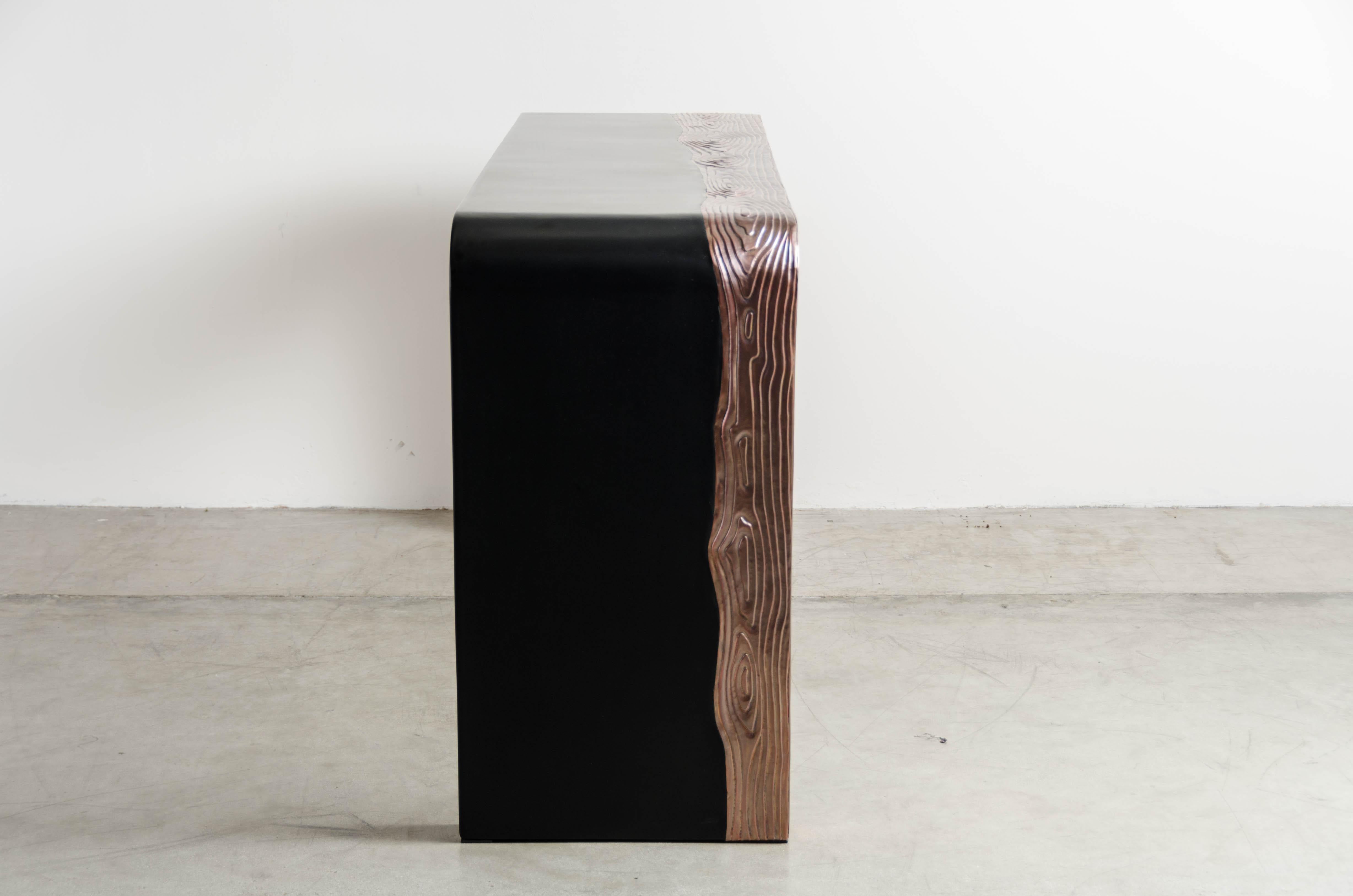 Contemporary Woodgrain Design Copper Console with Black Lacquer by Robert Kuo, Hand Repousse For Sale