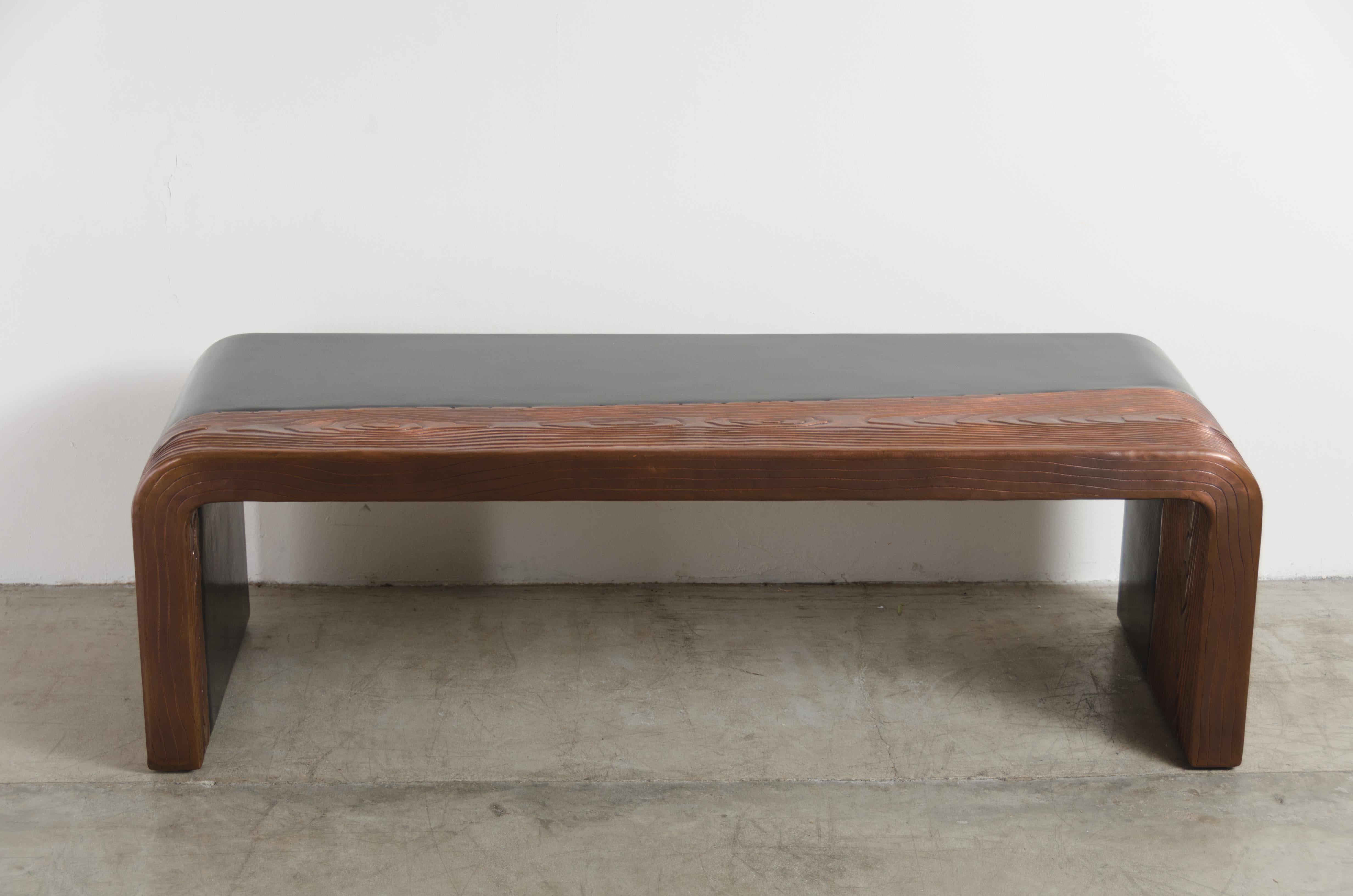 Repoussé Woodgrain with Lacquer Bench by Robert Kuo, Hand Repousse, Limited Edition For Sale