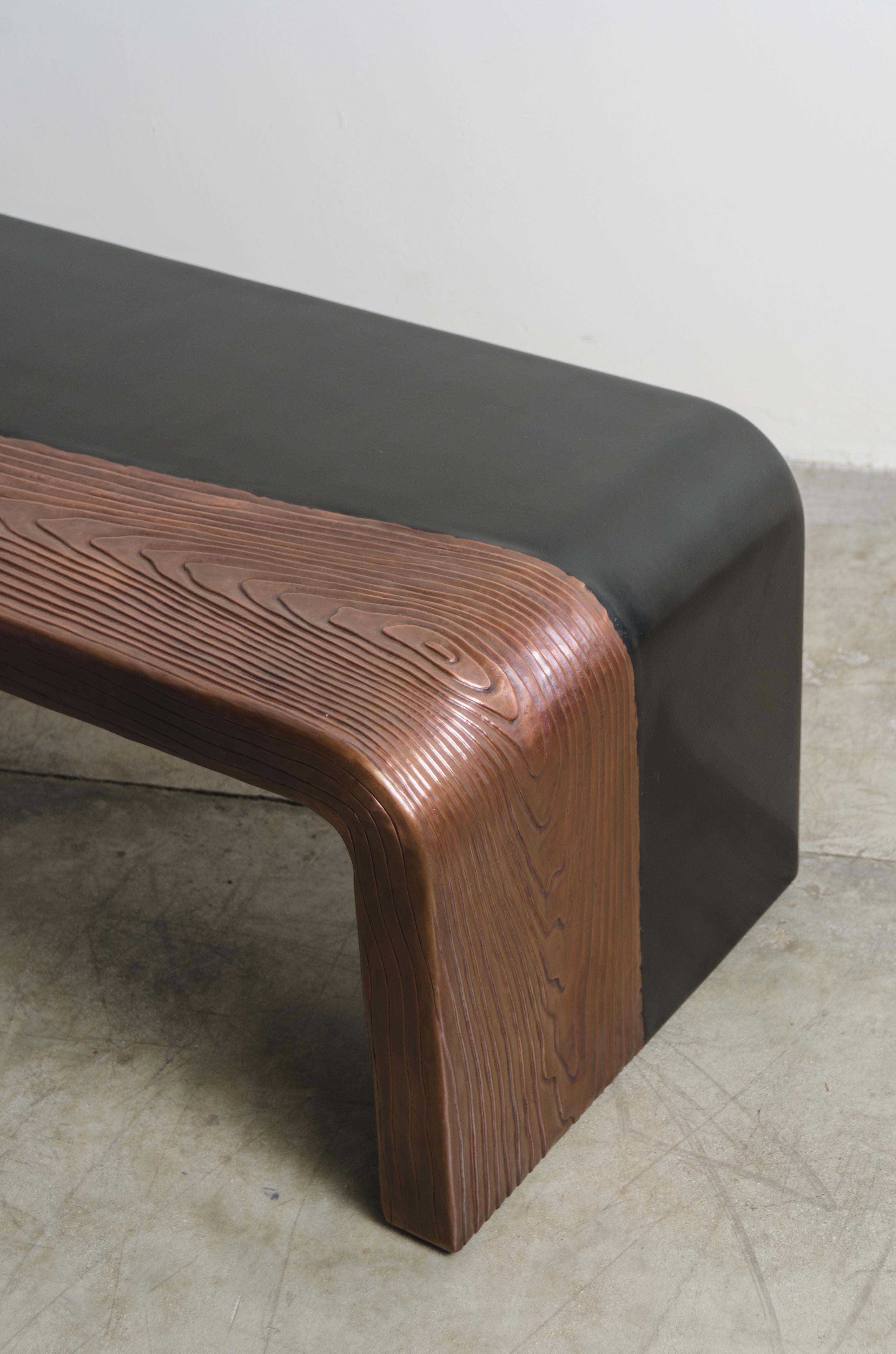 Contemporary Woodgrain with Lacquer Bench by Robert Kuo, Hand Repousse, Limited Edition For Sale