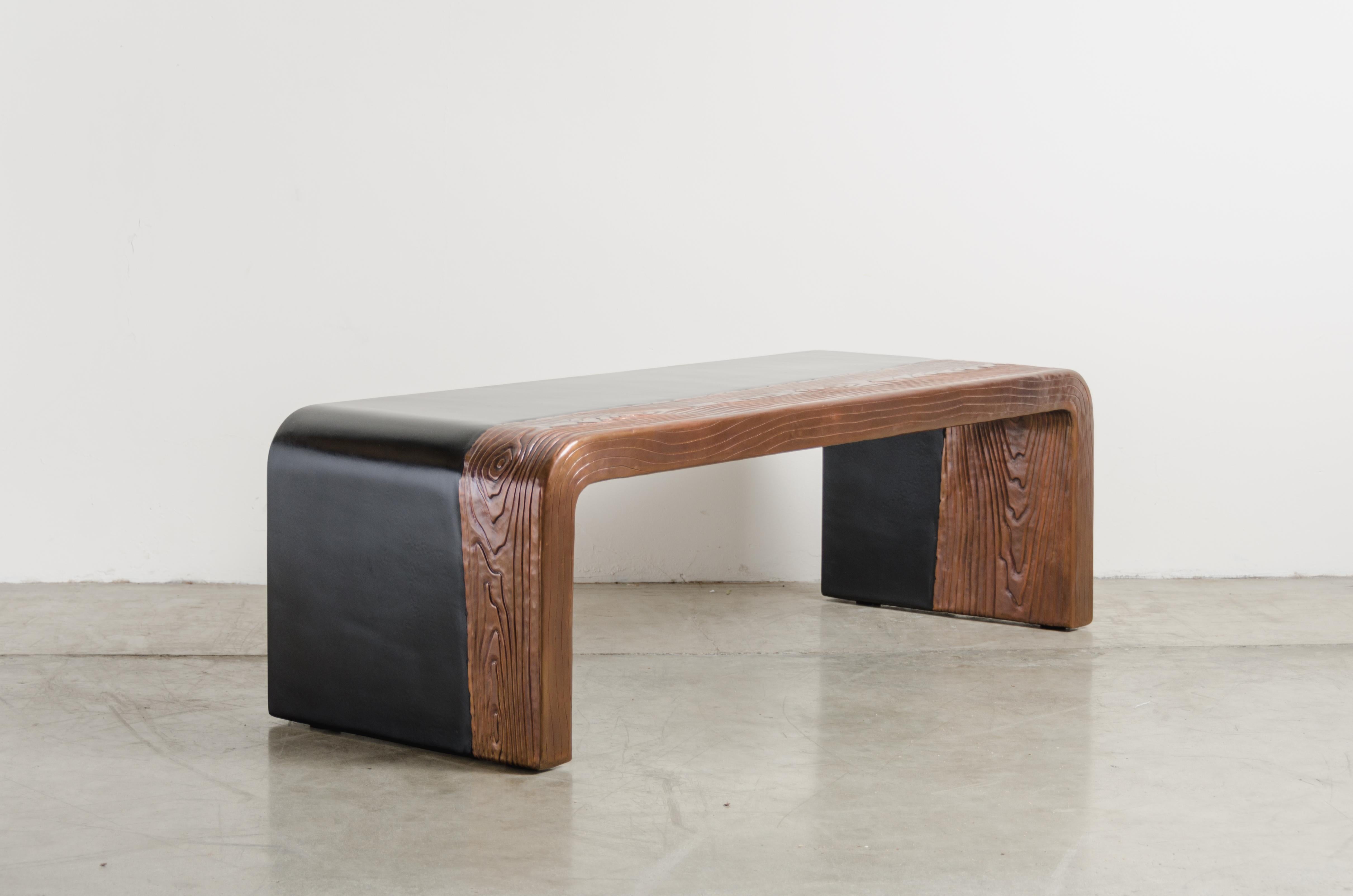 Woodgrain with Lacquer Bench by Robert Kuo, Hand Repousse, Limited Edition For Sale 1