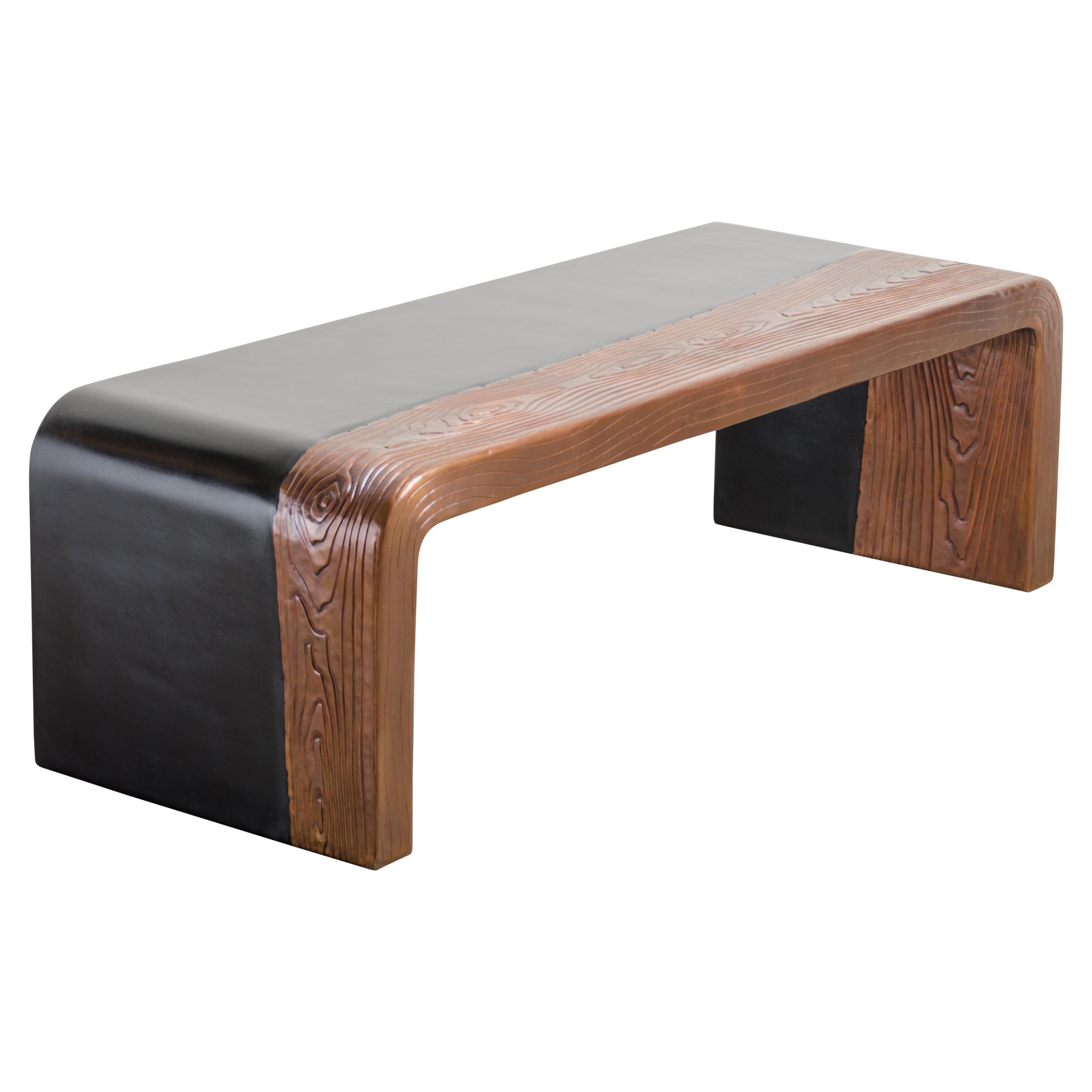 Woodgrain with Lacquer Bench by Robert Kuo, Hand Repousse, Limited Edition For Sale