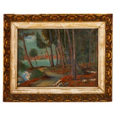 Peinture à l'huile de paysage de bois signée 