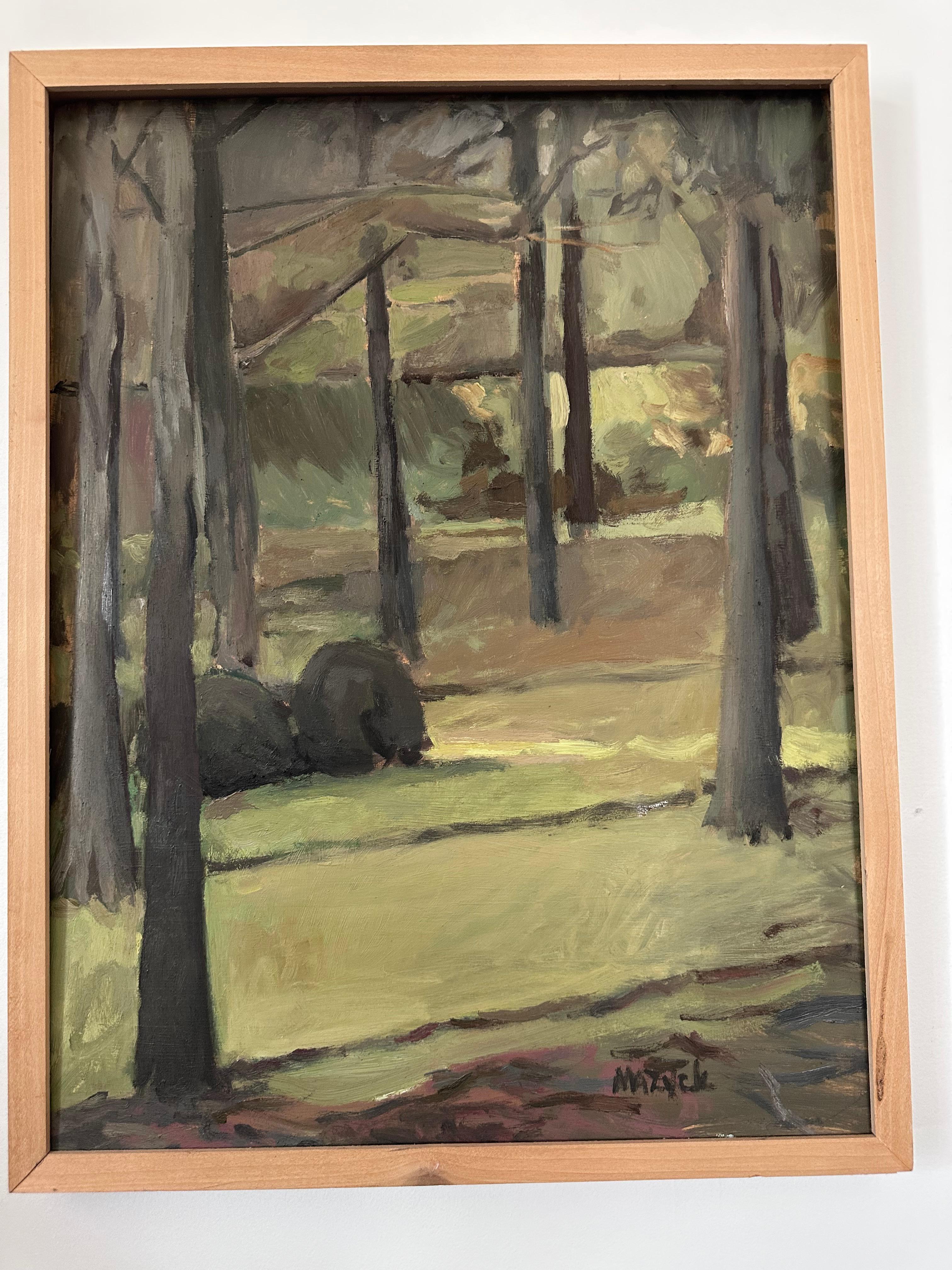 Paisaje boscoso Pintura original sobre tabla por Mayzck finales del siglo XX en venta