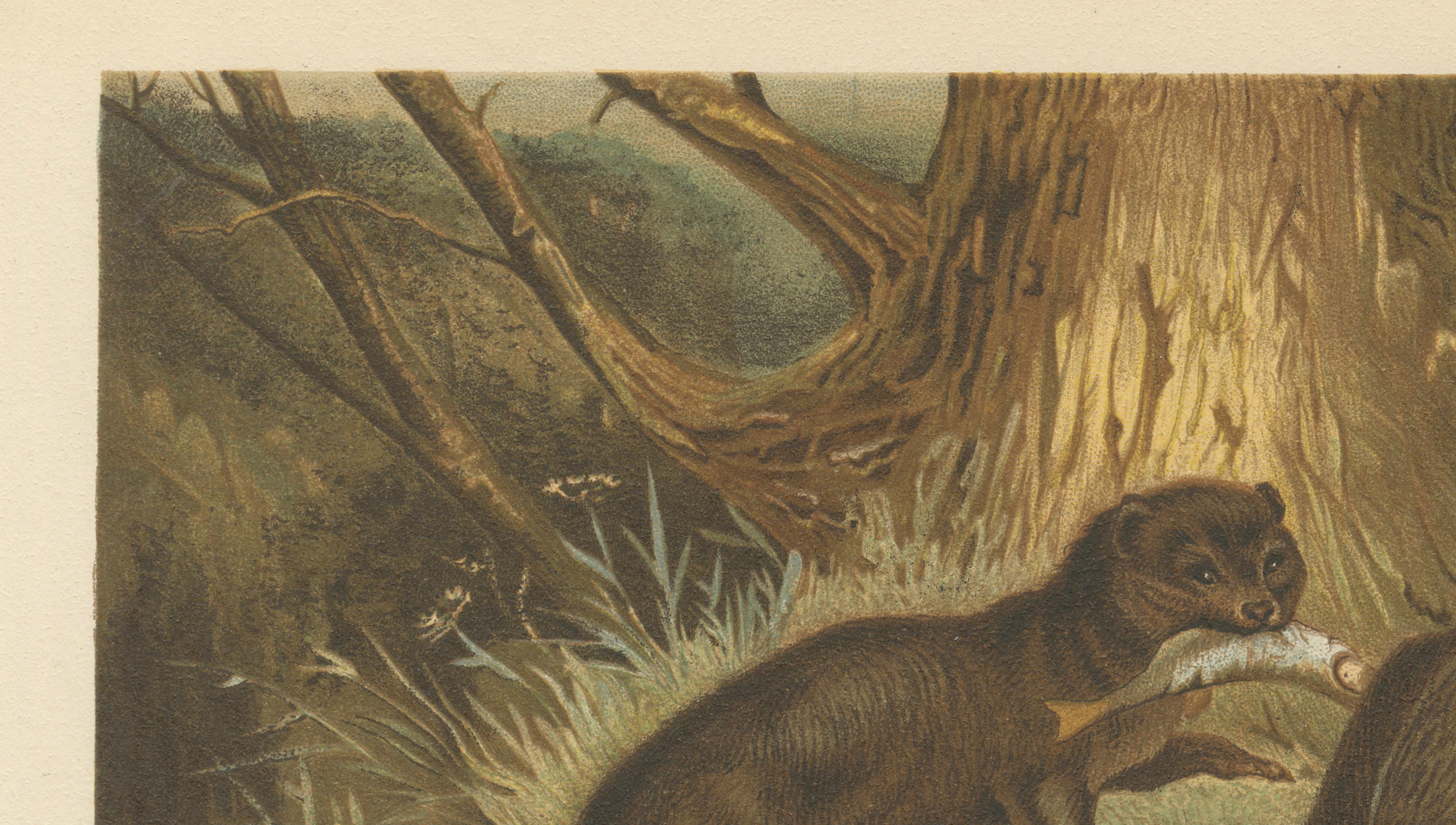 Woodland River Animal Print – Victorian Otter Scene, Earth Tone Artwork, 1894