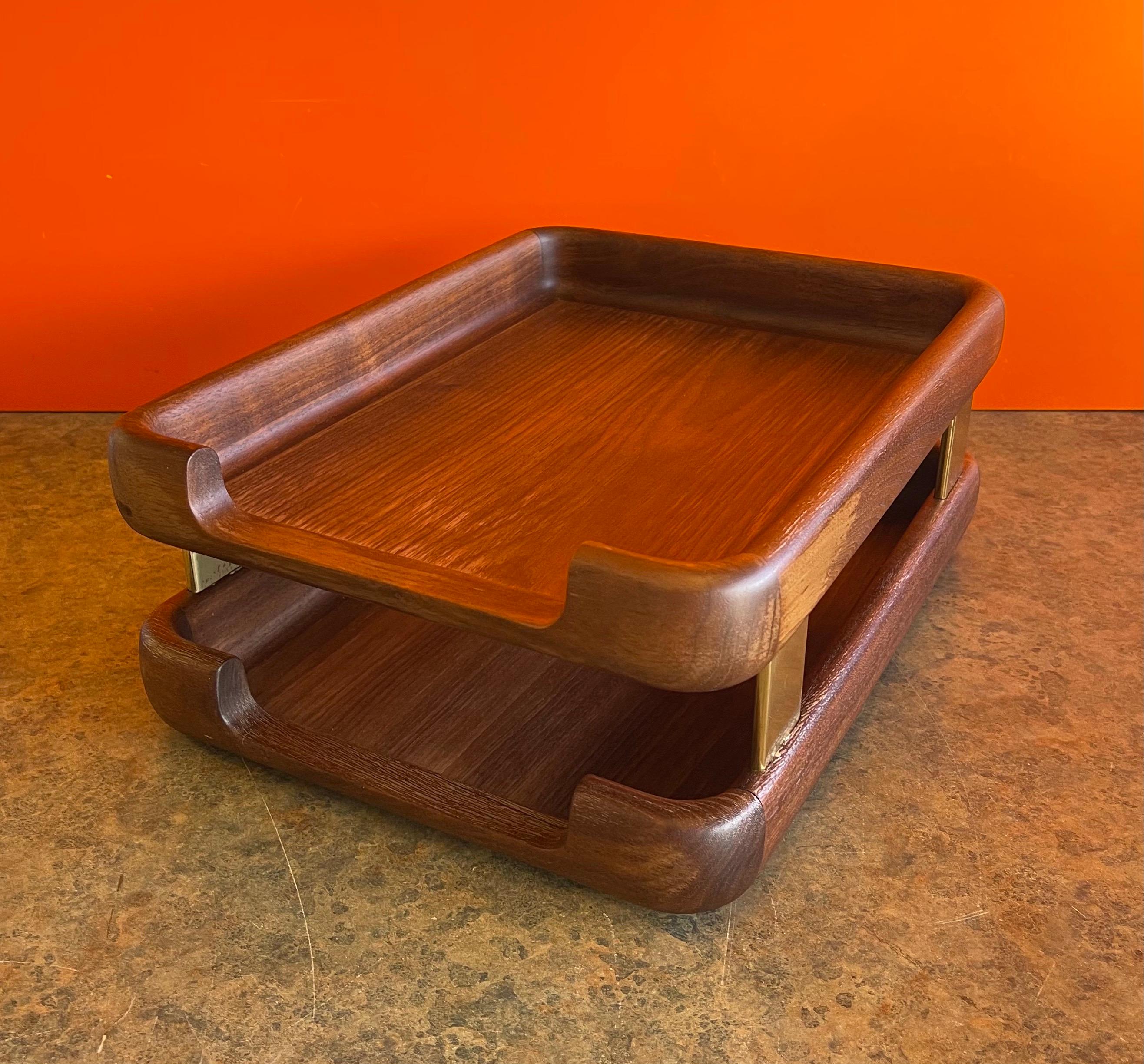 Mid-Century Modern Woodline 6500 Double Letter Desk Tray in Walnut and Brass