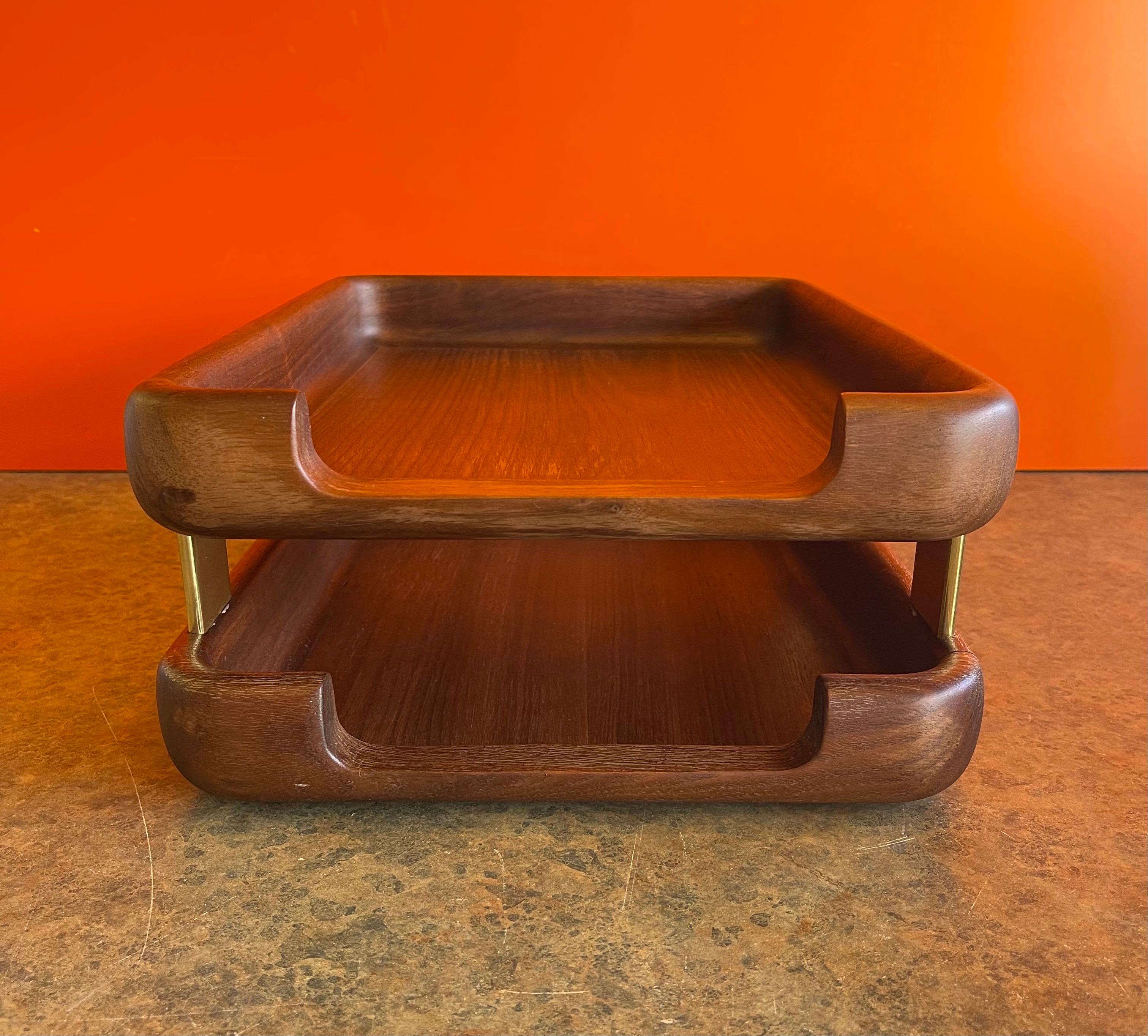 20th Century Woodline 6500 Double Letter Desk Tray in Walnut and Brass