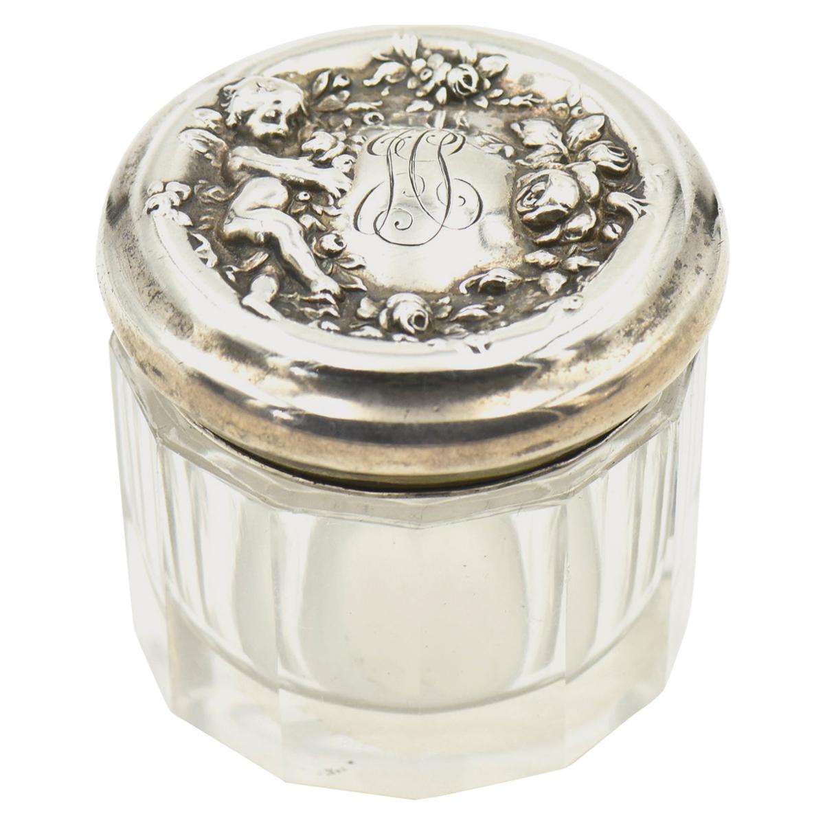 Woodside Art Nouveau Cherub Rose Garden Sterling Lid Beveled Glass Vanity Jar